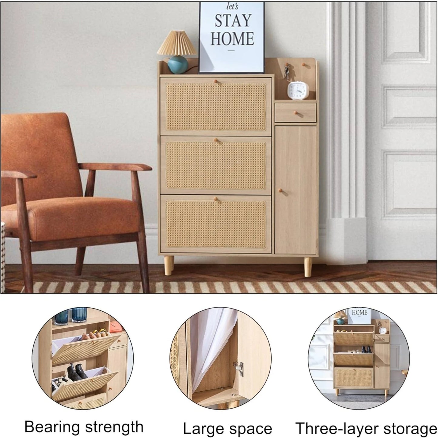 Sudica Rattan Shoe Cabinets with 3 Flip Drawers, Modern Minimalist Shoe Rack Storage Cabinet for Heels/Boots/Slippers,Hallway Entryway Free Standing Shoe Rack with 4 Drawers(Natural Wood)