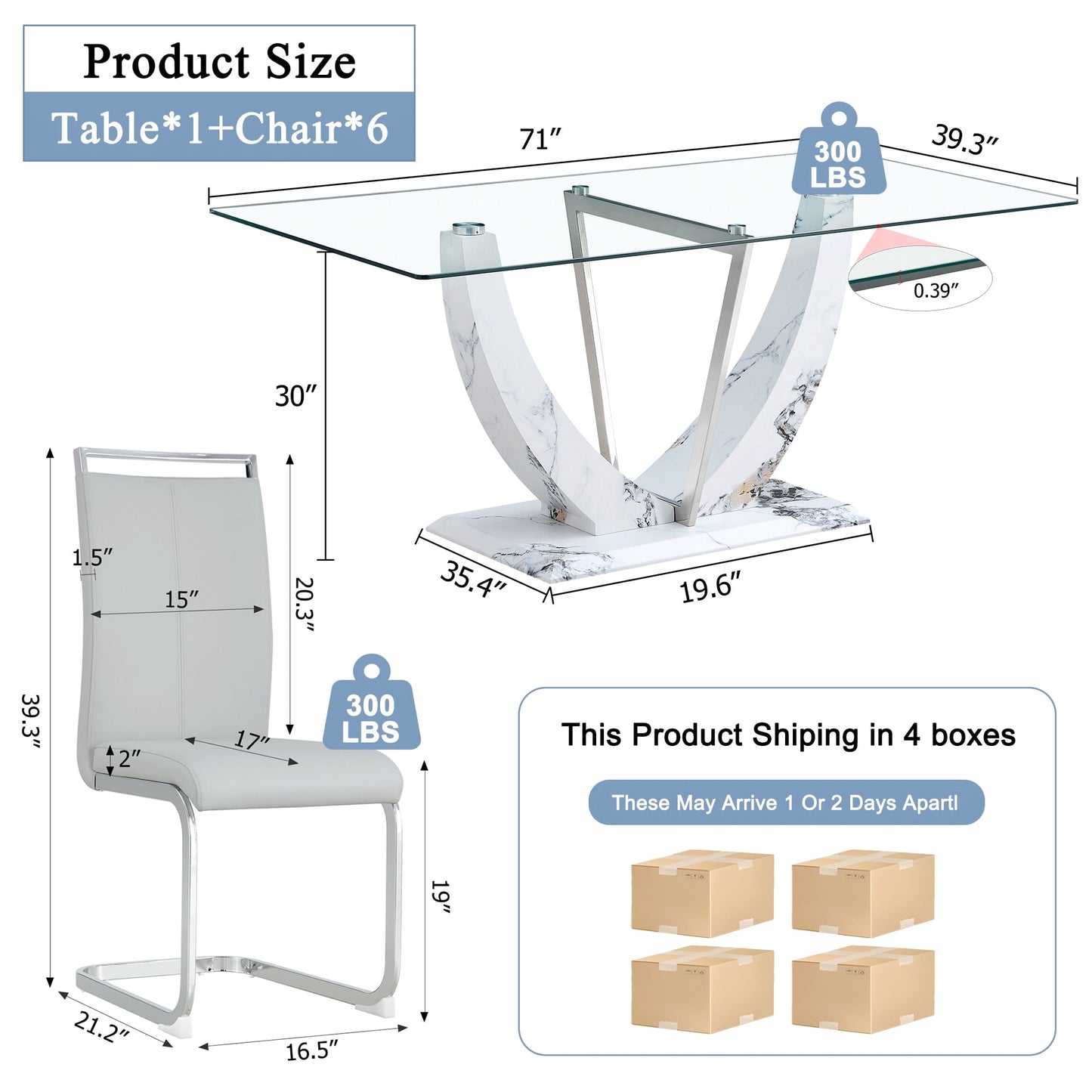 Sudica Glass Dining Set for 6, 71 inch Rectangular Glass Table with Upholstered Dining Room Chairs,Light Gray