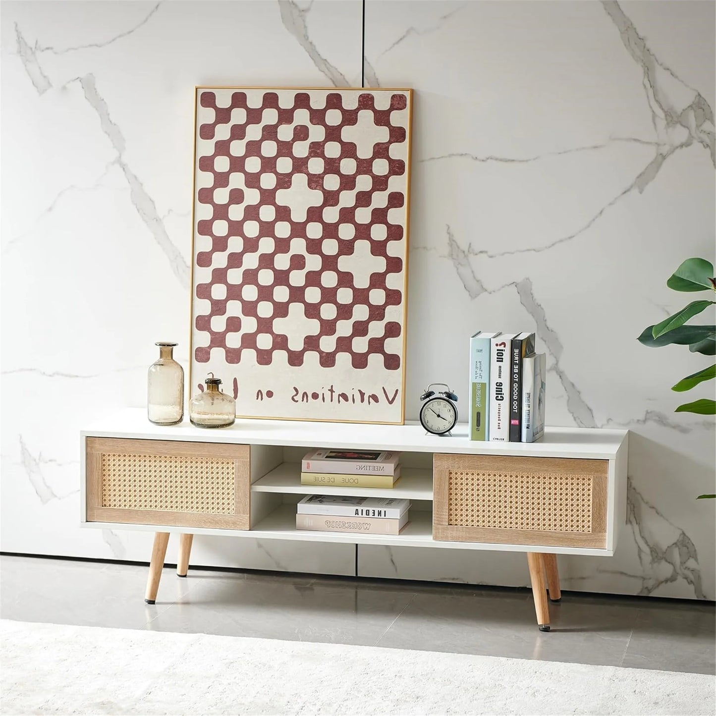 Rattan TV Stand for 65 Inch TV, Boho Entertainment Center with Adjustable Shelves & Metal Frame, Wood TV Media Console with Variable Light Strip for Living Room, White,White Wood