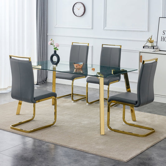 63" Large Glass Dining Table Set for 4, Sudica Gold Legs Kitchen Table with Faux Leather Dining Chairs,Gray