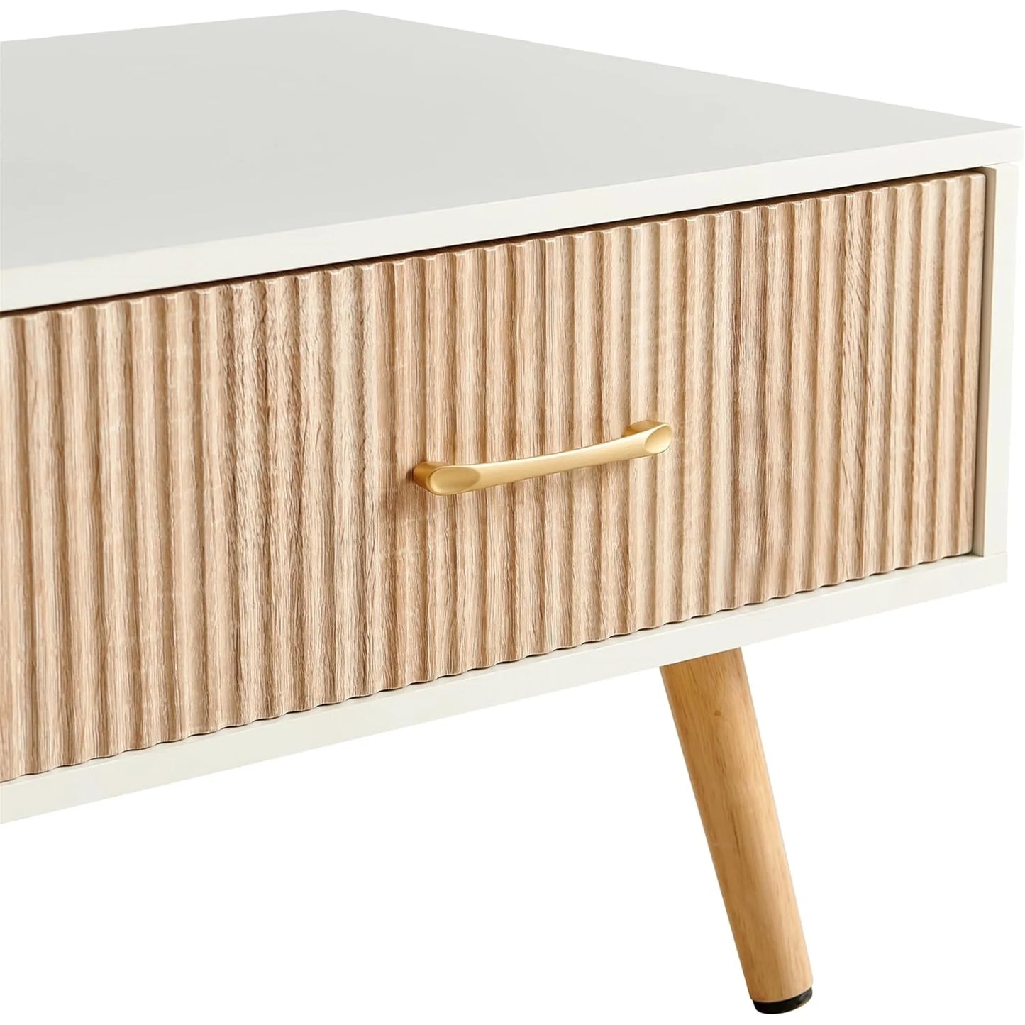 Mid Century Wooden Coffee Table with Stripe Drawer，Modern 41" Large Center Table with Storage，Rectangular White Coffee Tables for Living Room, 2-Tier Cocktail Table, Solid Wood Legs