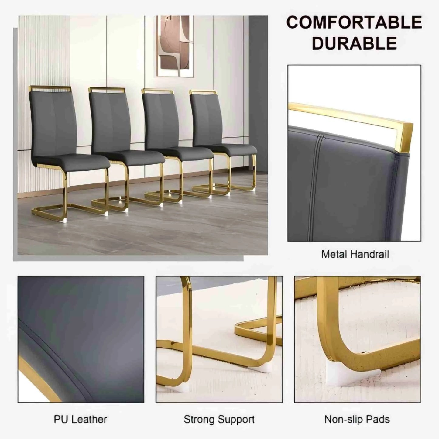 SUDICA 63" Black Glass Dinner Table Set with 6 Faux Leather Chairs, Gold Base, Dining Room