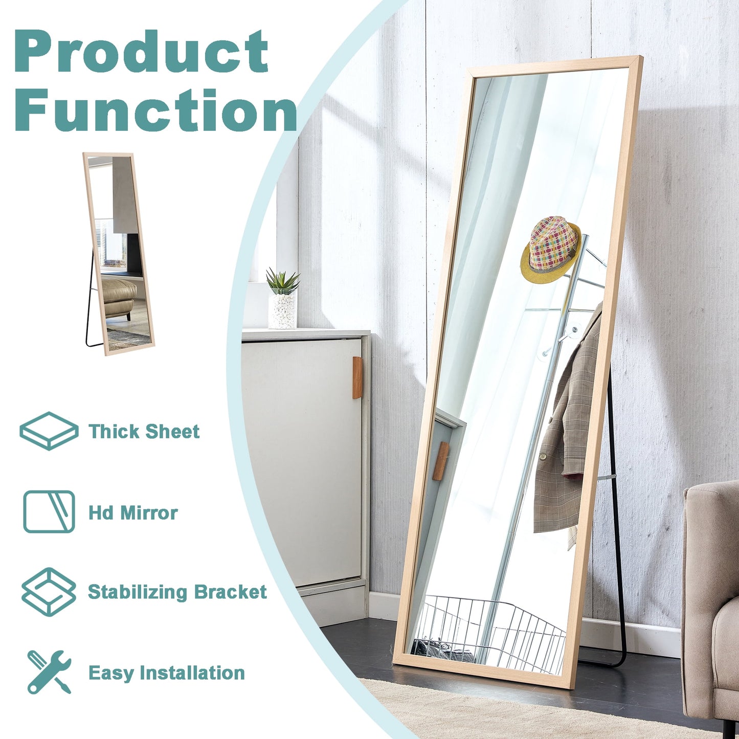 Wood Floor Mirror, 65"x 23" Sudica Thick Wooden Frame Full Body Mirror with Stand, Wall Mirror for Living Room, Wood