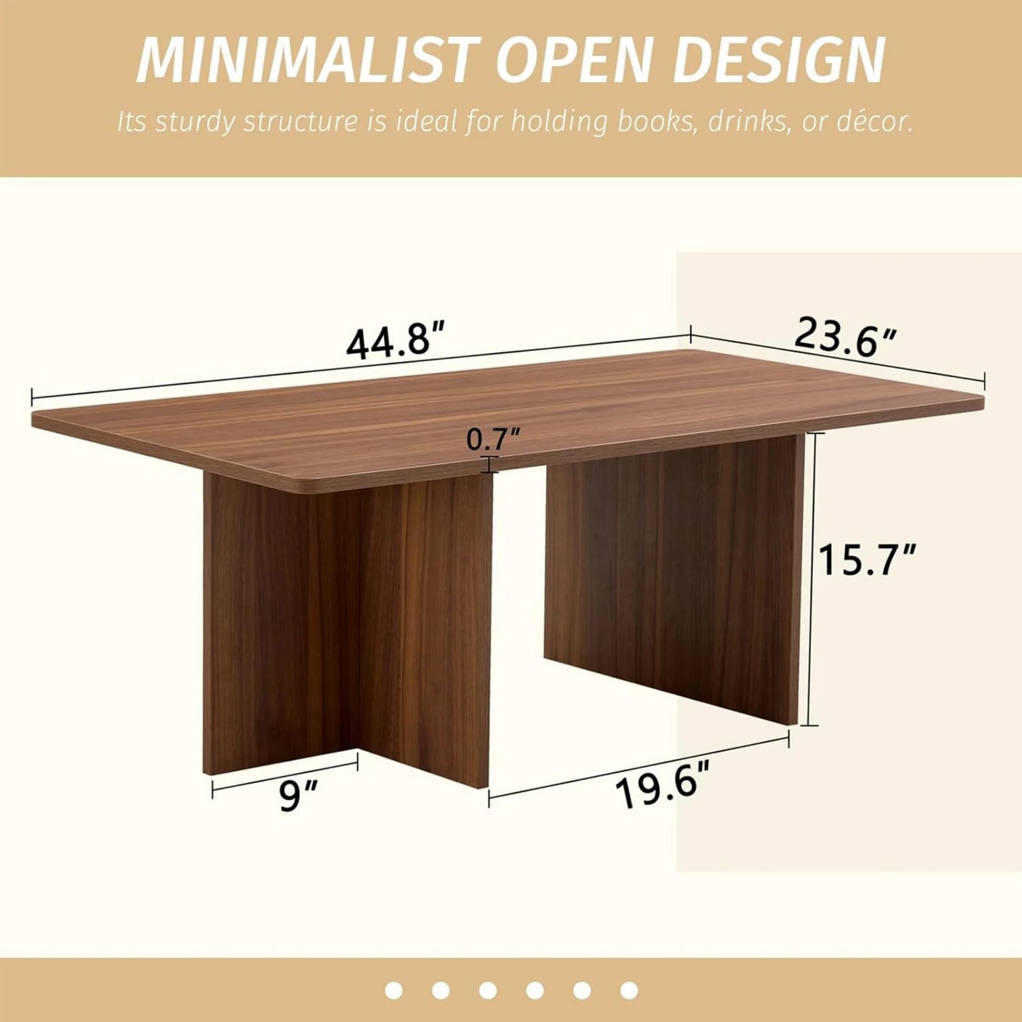 Sudica 44.8” Walnut Color Rectangle MDF Coffee Table,Wood Coffee Table with Stable Triangular Support for Living Room/Bedroom