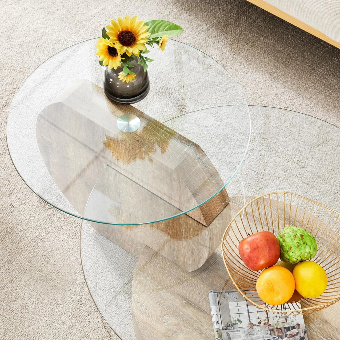 Sudica Modern Coffee Table with Double-layer Round Glass Tabletop 35.4" Tea Table with Natural Wood Faux Marble Patterned Base,Center Table for Living Room