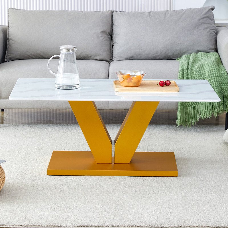 Sudica Modern Coffee Table with Tempered Glass Tabletop, 43 inch Tea Table with Golden V Shape Base for Living Room