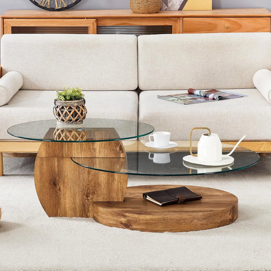 Sudica Modern Coffee Table with Double-layer Round Glass Tabletop,47" Tea Table with Natural Wood Faux Marble Patterned Base,Center Table for Living Room