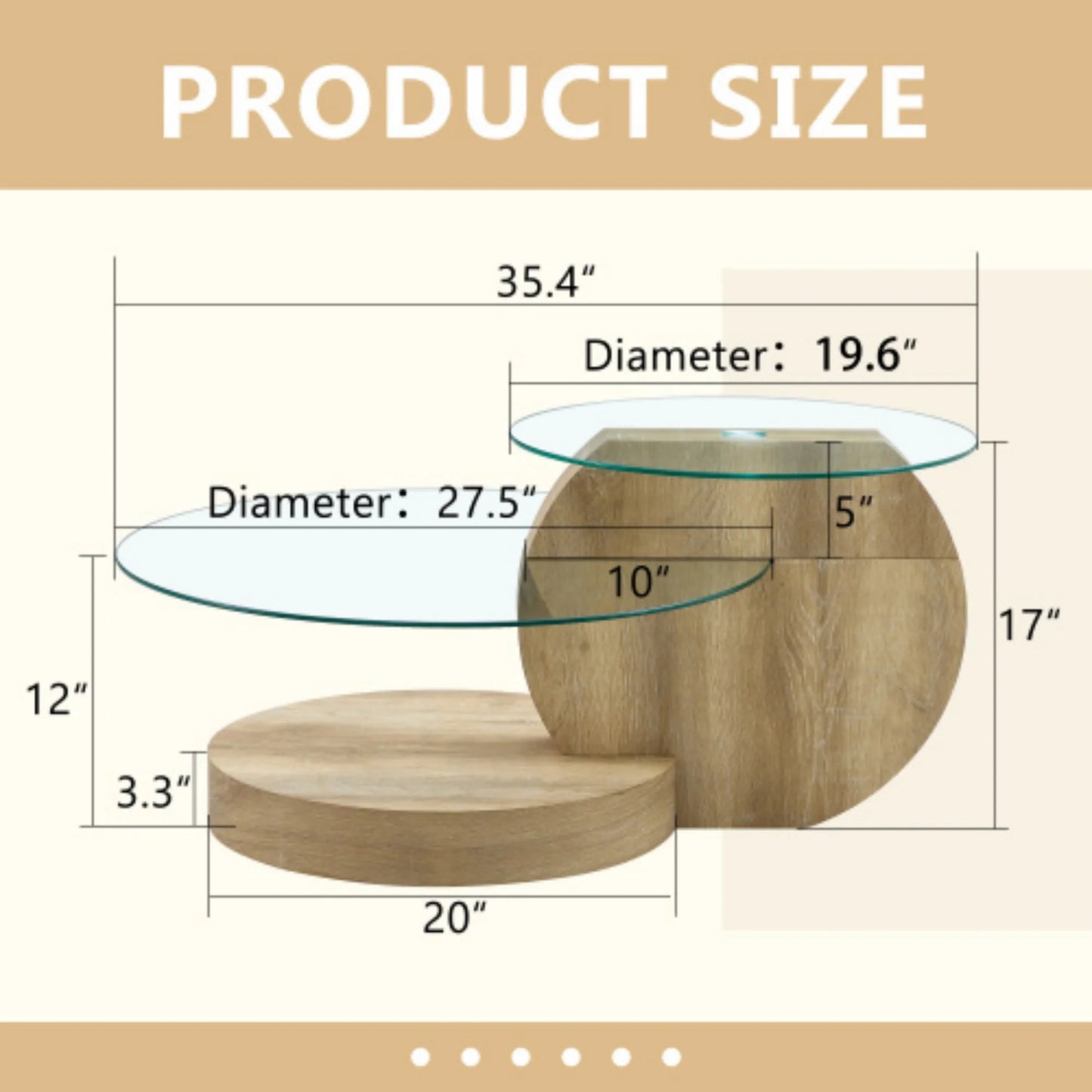 Sudica Modern Coffee Table with Double-layer Round Glass Tabletop 35.4" Tea Table with Natural Wood Faux Marble Patterned Base,Center Table for Living Room