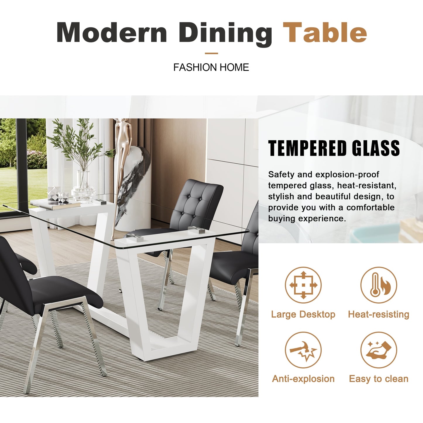 63" Glass Dining Table Set for 6, Sudica White Legs Kitchen Table Set with Upholstered Faux Leather Dining Room Chairs, Black