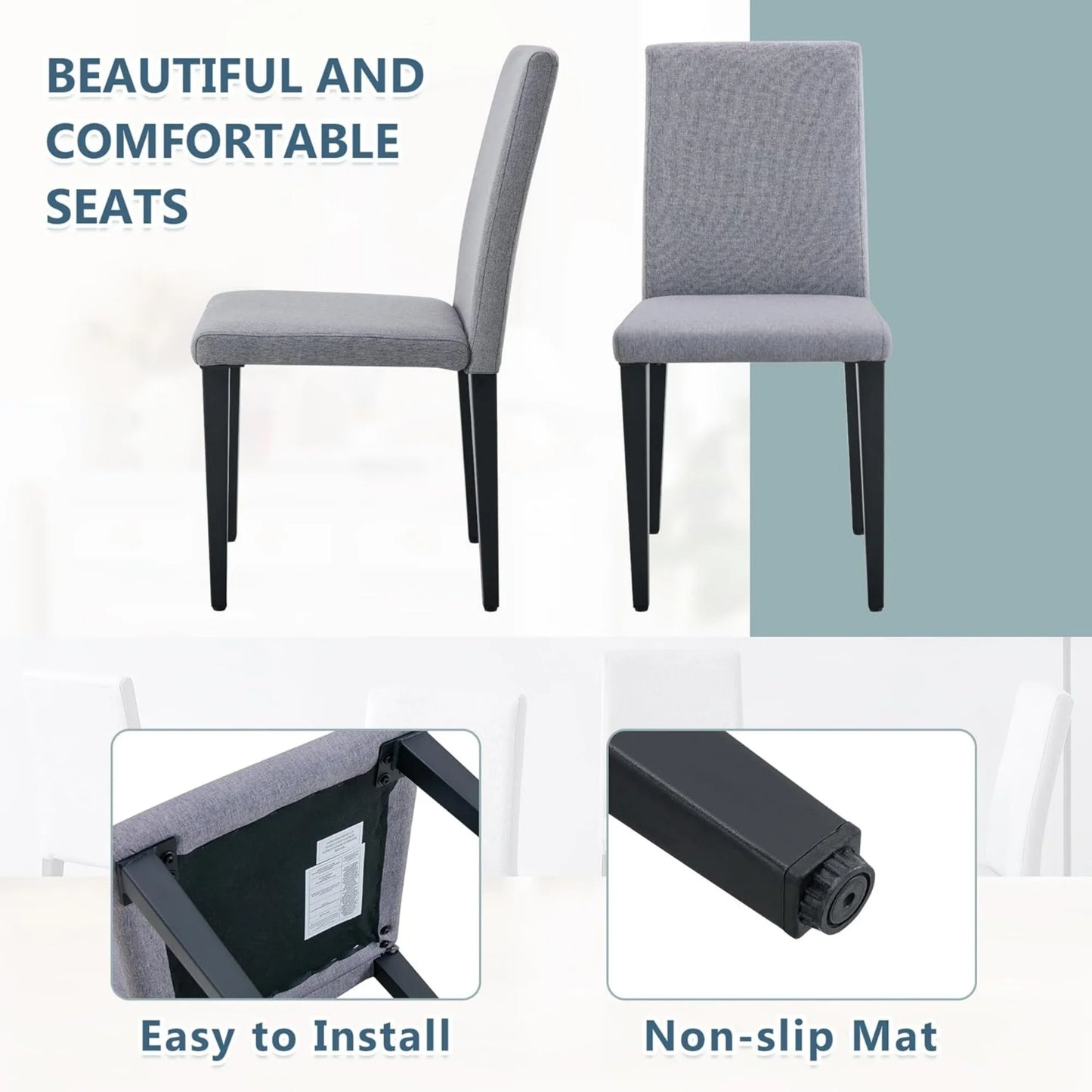 SUDICA Gray Fabric Dining Chairs Set of 2, Upholstered Parsons Style with Metal Legs for Kitchen
