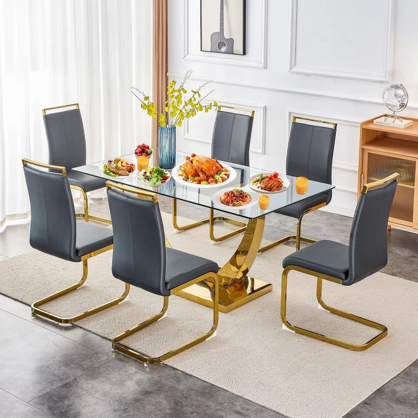 SUDICA 63" Glass Dining Table Set with PU Leather Chairs, Gold Base, for Dining Room, 7-Piece