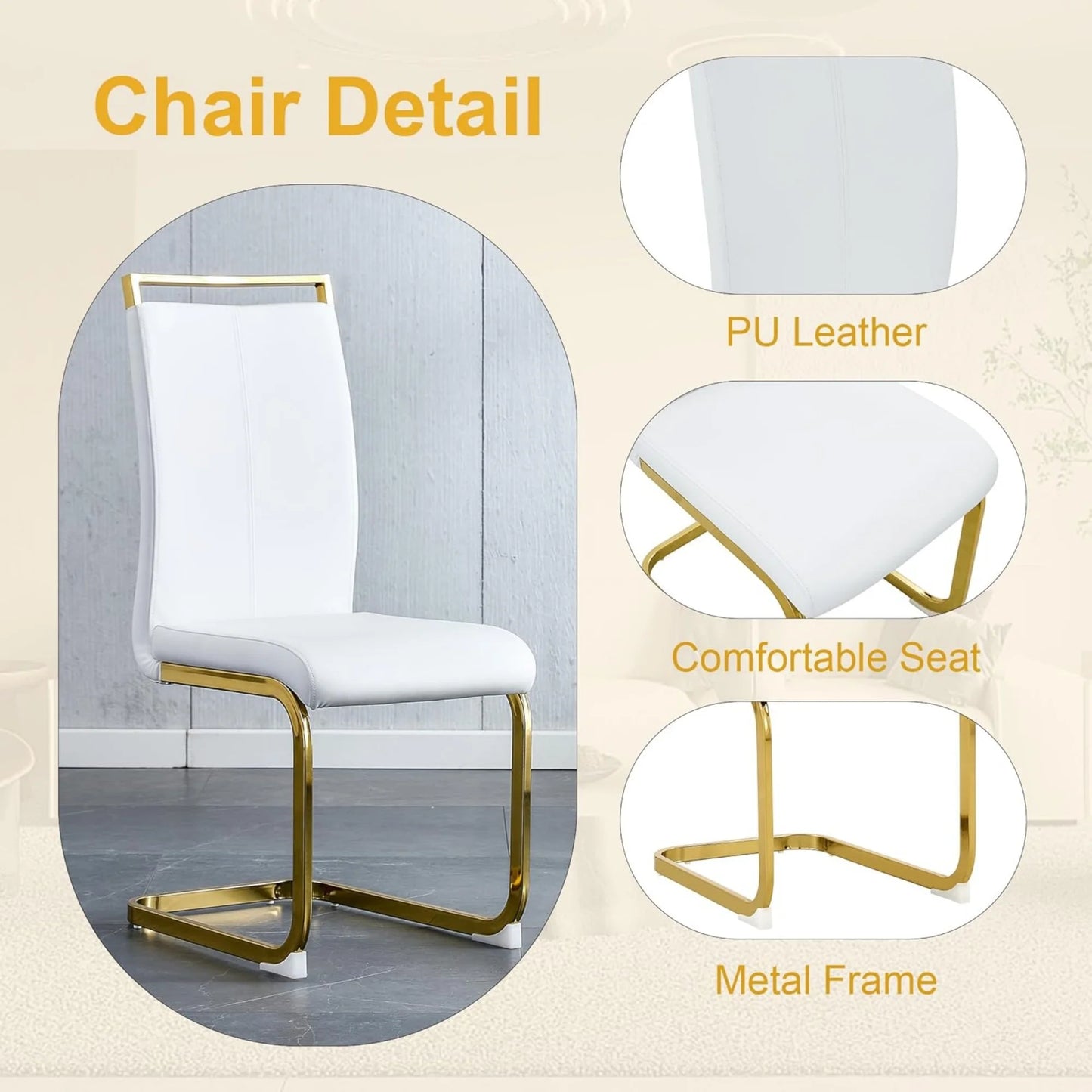 White and Gold Dining Table Set for 4, Faux Marble Dining Room Table Set for 4,63'' Rectangular Tempered Glass Top Kitchen Table Set and 4 Chairs for Dining Room Kitchen