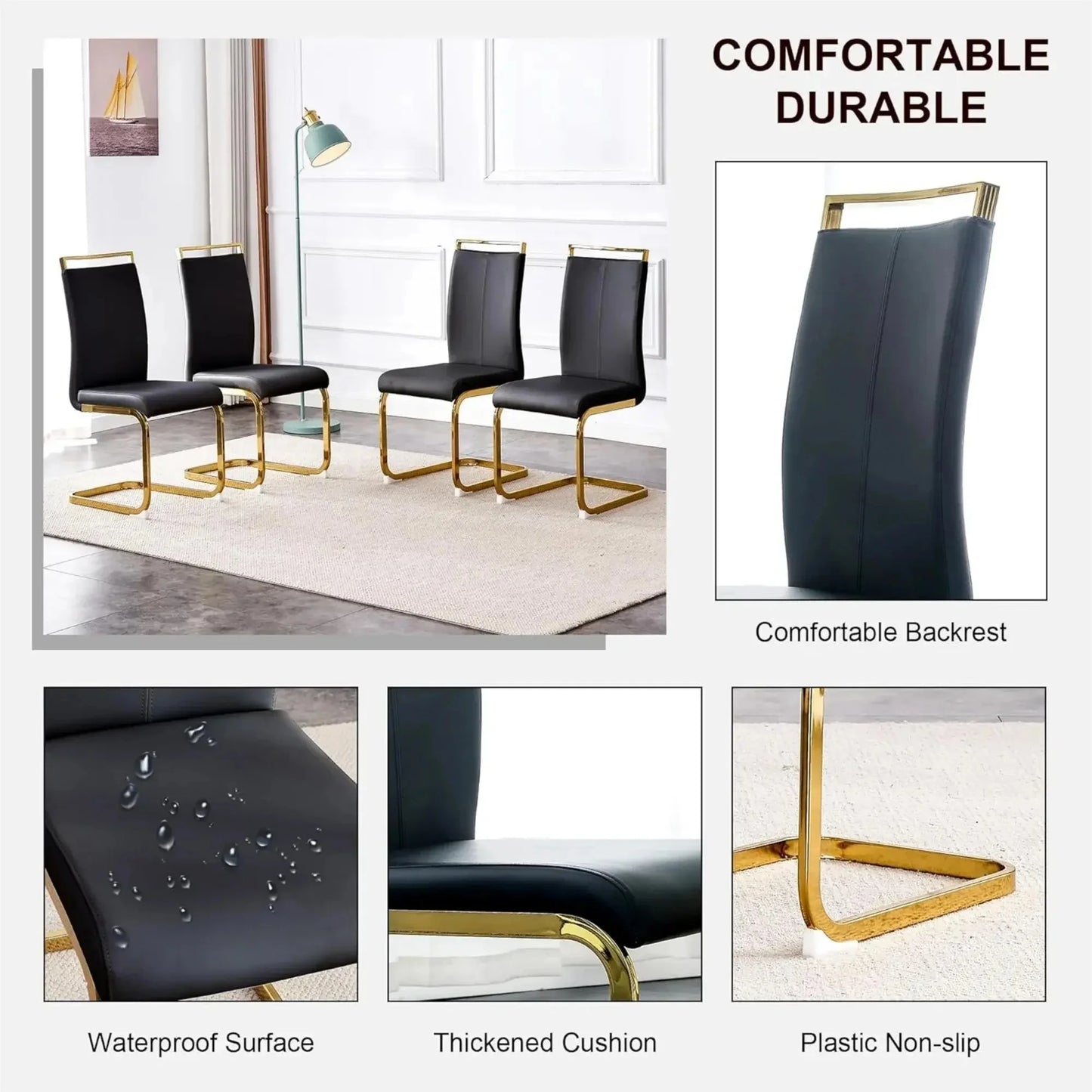SUDICA Dining Table Set for 6, 63" Glass Top with Black PU Chairs for Dining Room, Gold Base