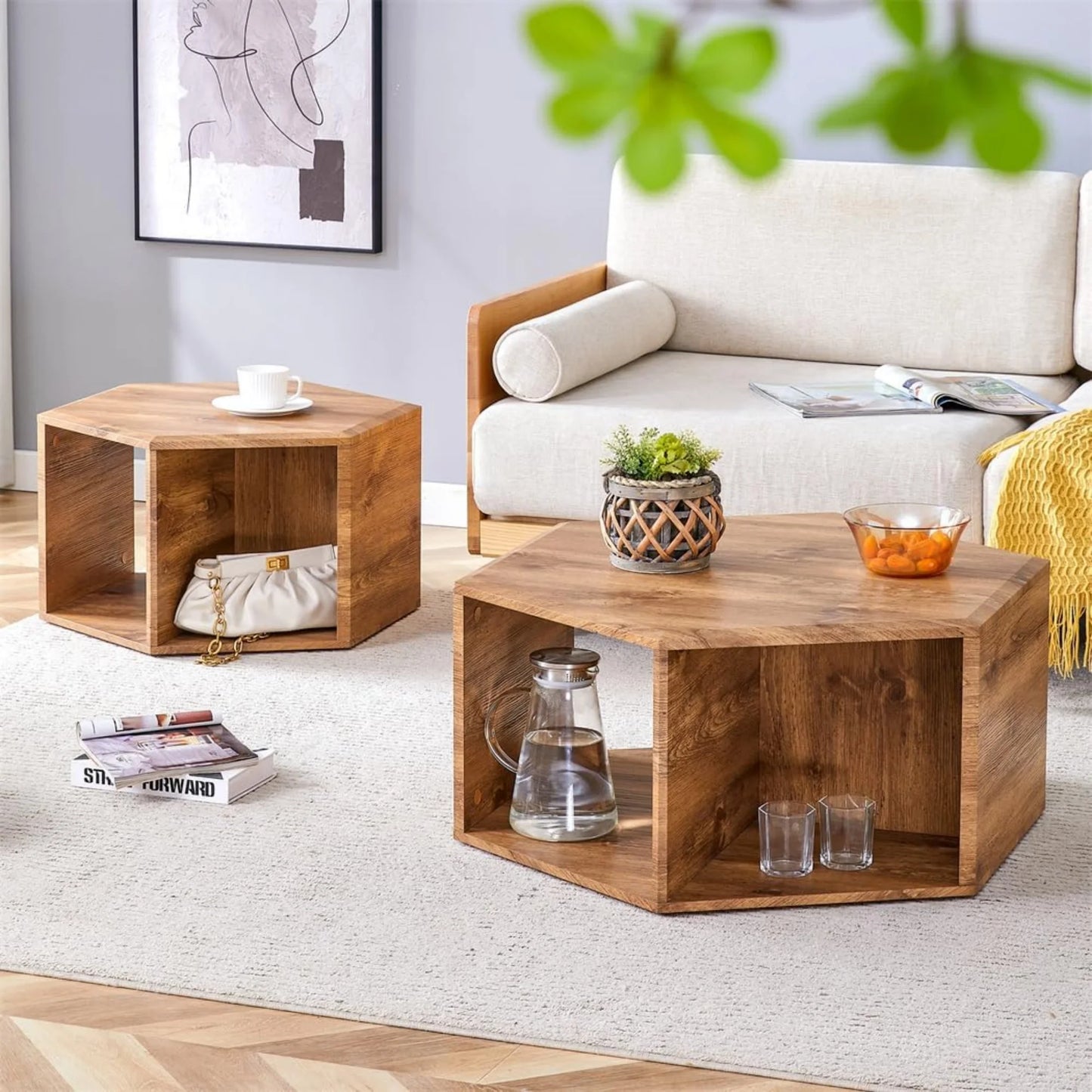Faux Marble Coffee Table with Storage, Geometric Living Room Table