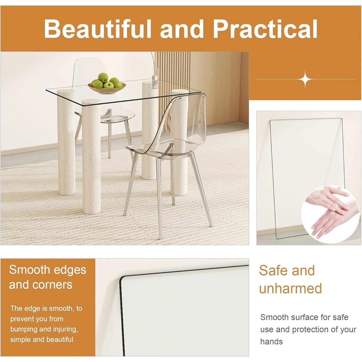24x36 Inch Rectangle Tempered Glass Table Top, 0.31 Inch Thick Clear Square Tabletop with 6 Anti-Slip Rubber Rings, Replacement for Dining, Kitchen, Patio & Coffee Table