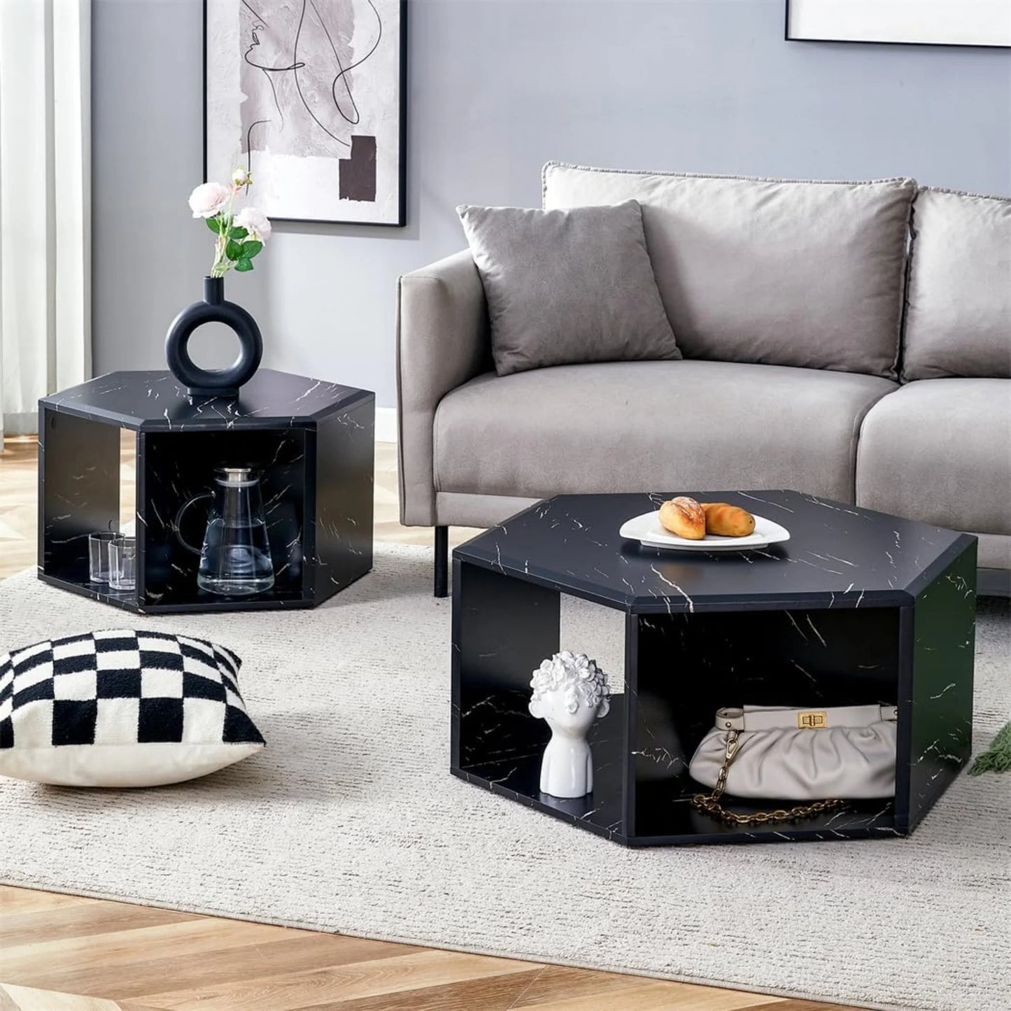 Faux Marble Coffee Table with Storage, Geometric Living Room Table