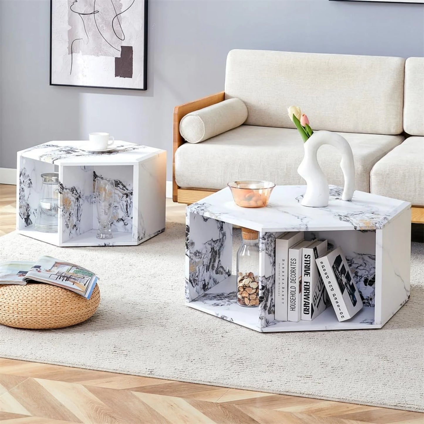 Faux Marble Coffee Table with Storage, Geometric Living Room Table