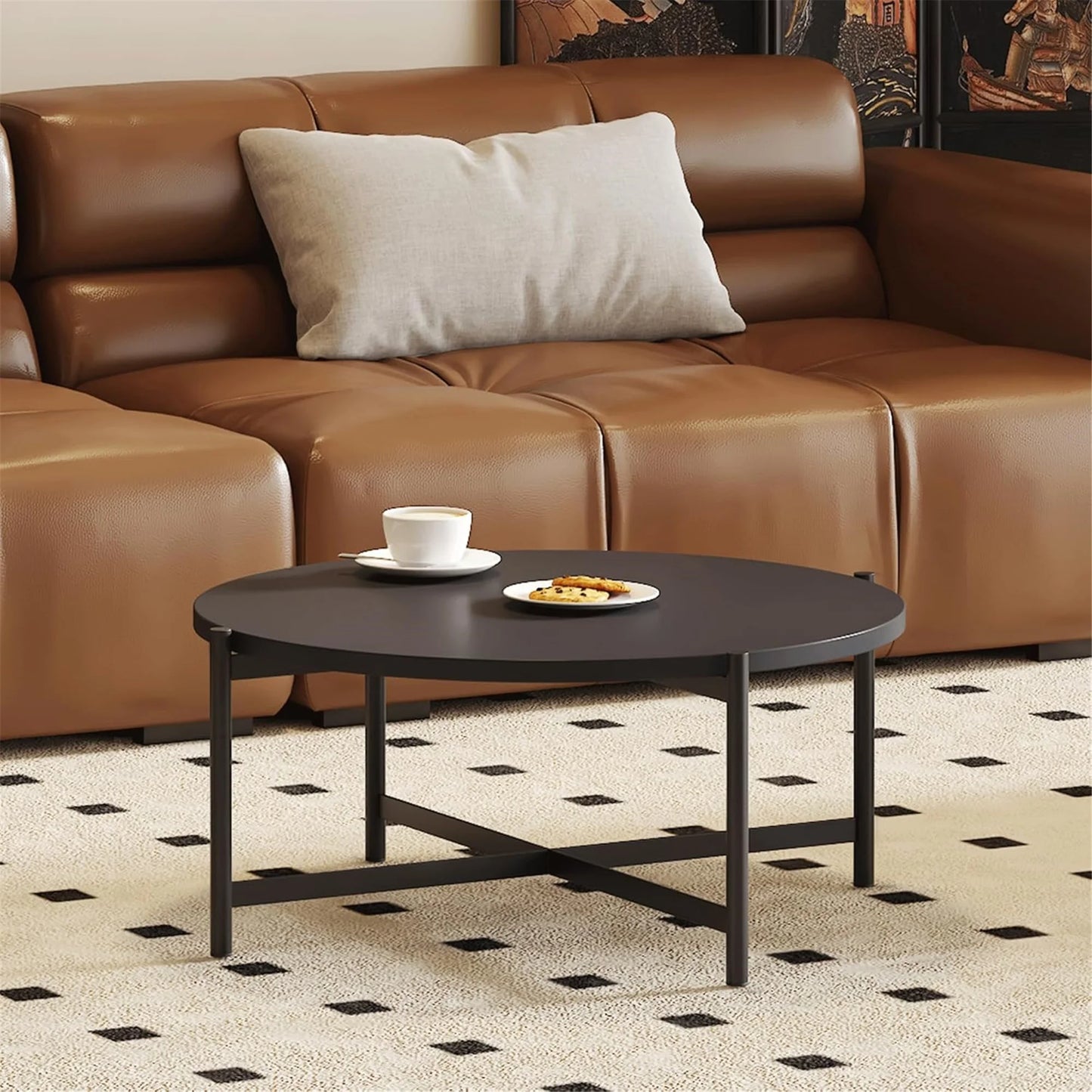 27.95" Round Table Top Wood - Walnut & Black Double Sided, Outdoor Dining Replacement for Restaurants, Cafes, Bars