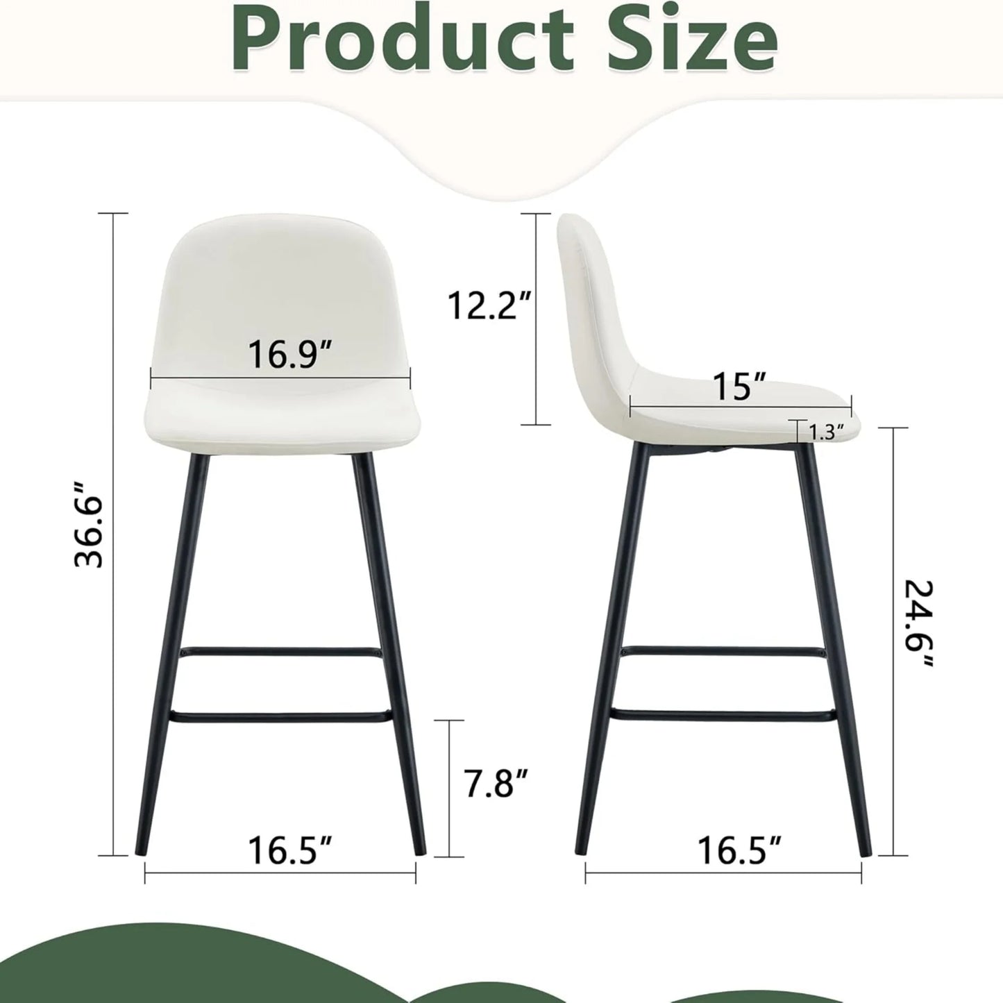 Bar stools Set of 2, Faux PU Leather Counter Height Bar Stools, Dining Room Chairs with Metal Legs & Soft Backrest, Easy to Assemble(White)