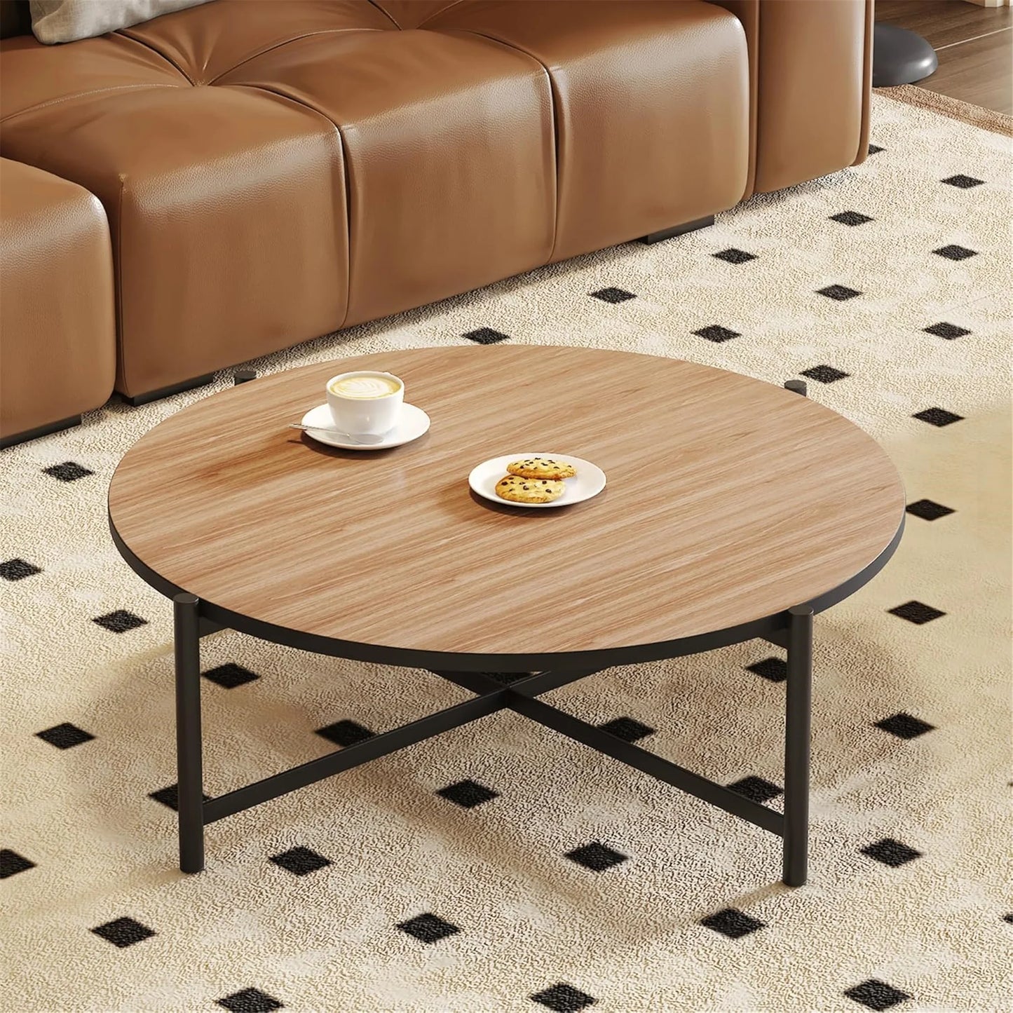 35.43" Round Table Top Wood - Walnut & Black Double Sided, Outdoor Dining Replacement for Restaurants, Cafes, Bars