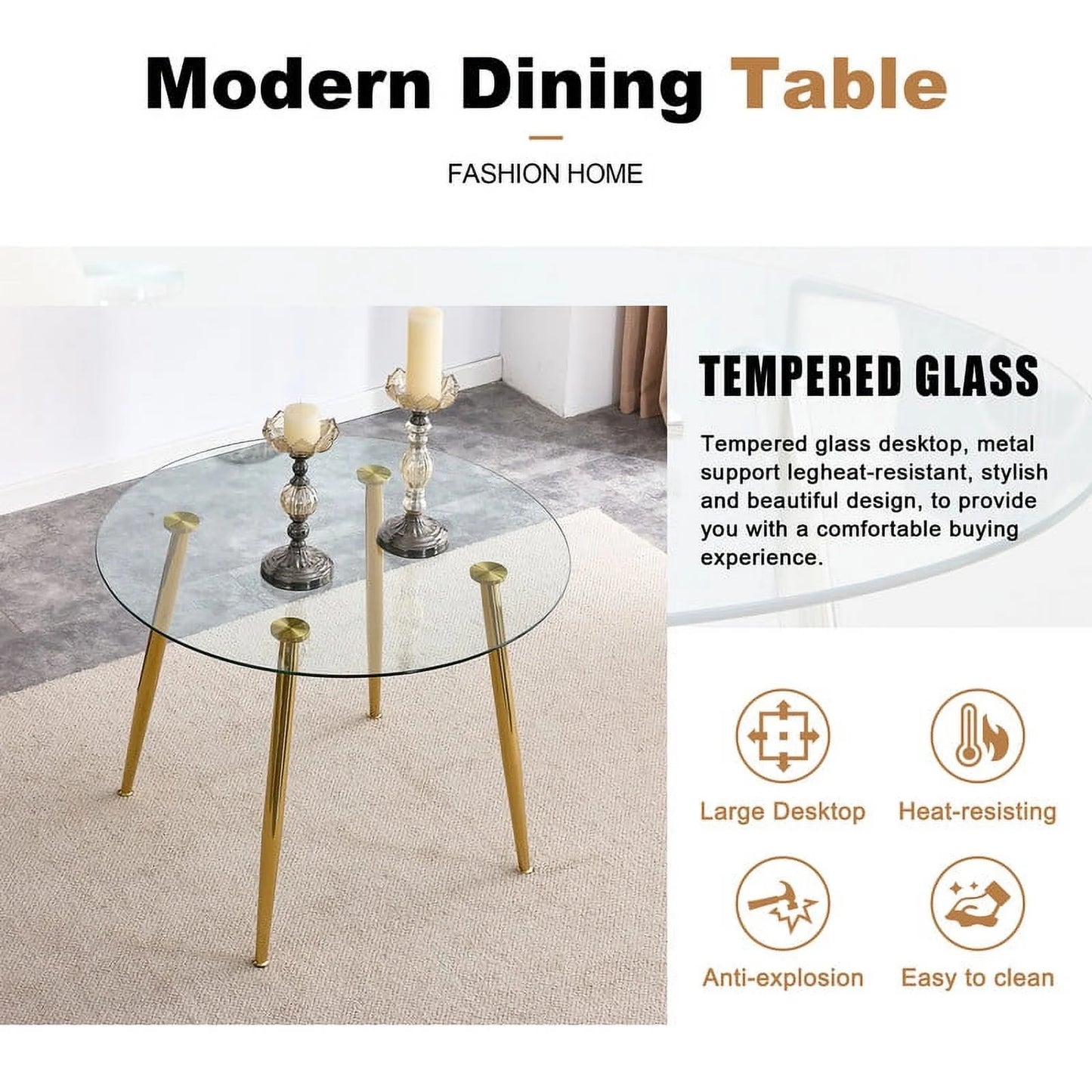 Sudica Round Dining Table Set for 4, 40in Tempered Glass Table with Black PU Chairs & Gold Legs