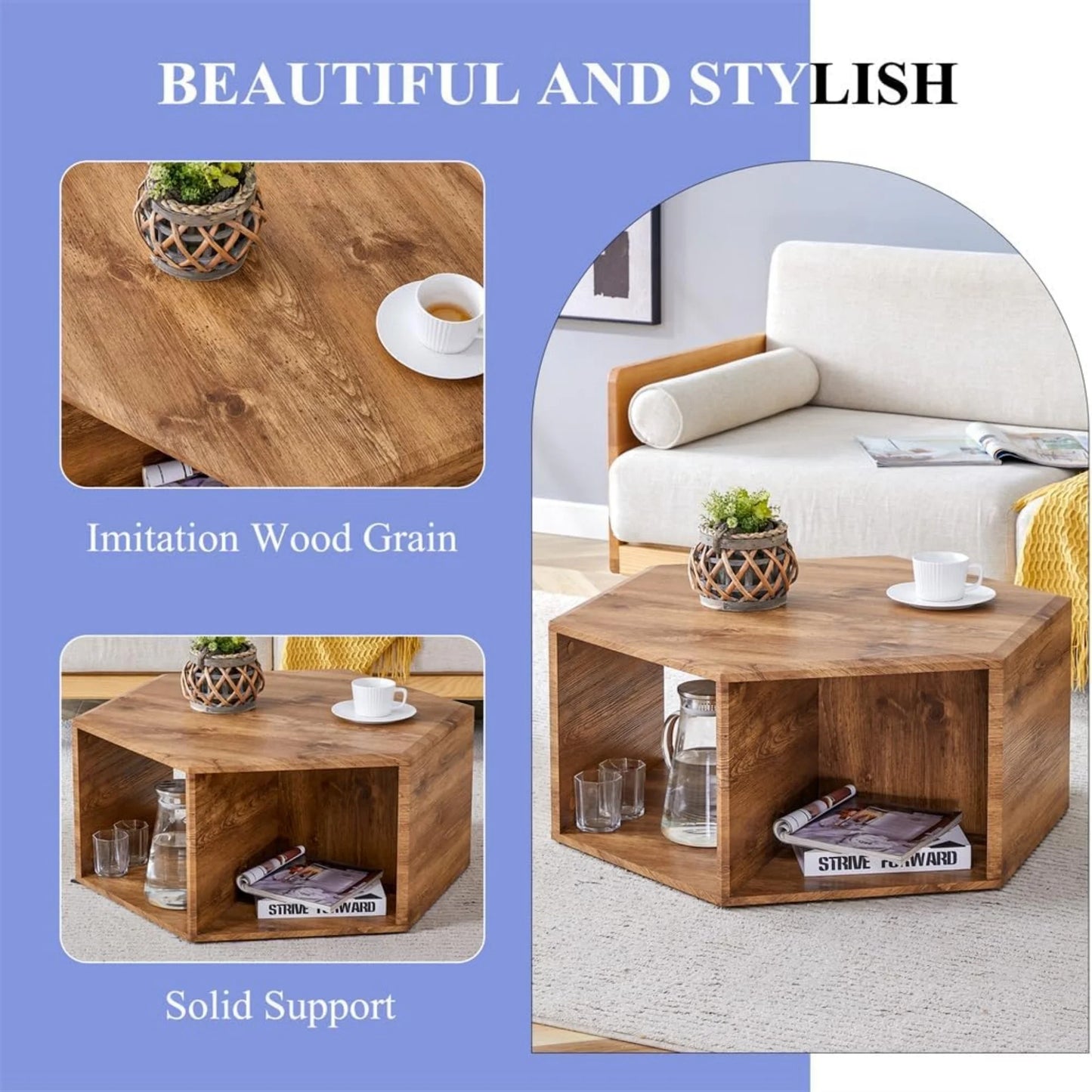 SUDICA Hexagon Wood Coffee Table, Dual-Use Storage Accent Table for Living Room or Corner