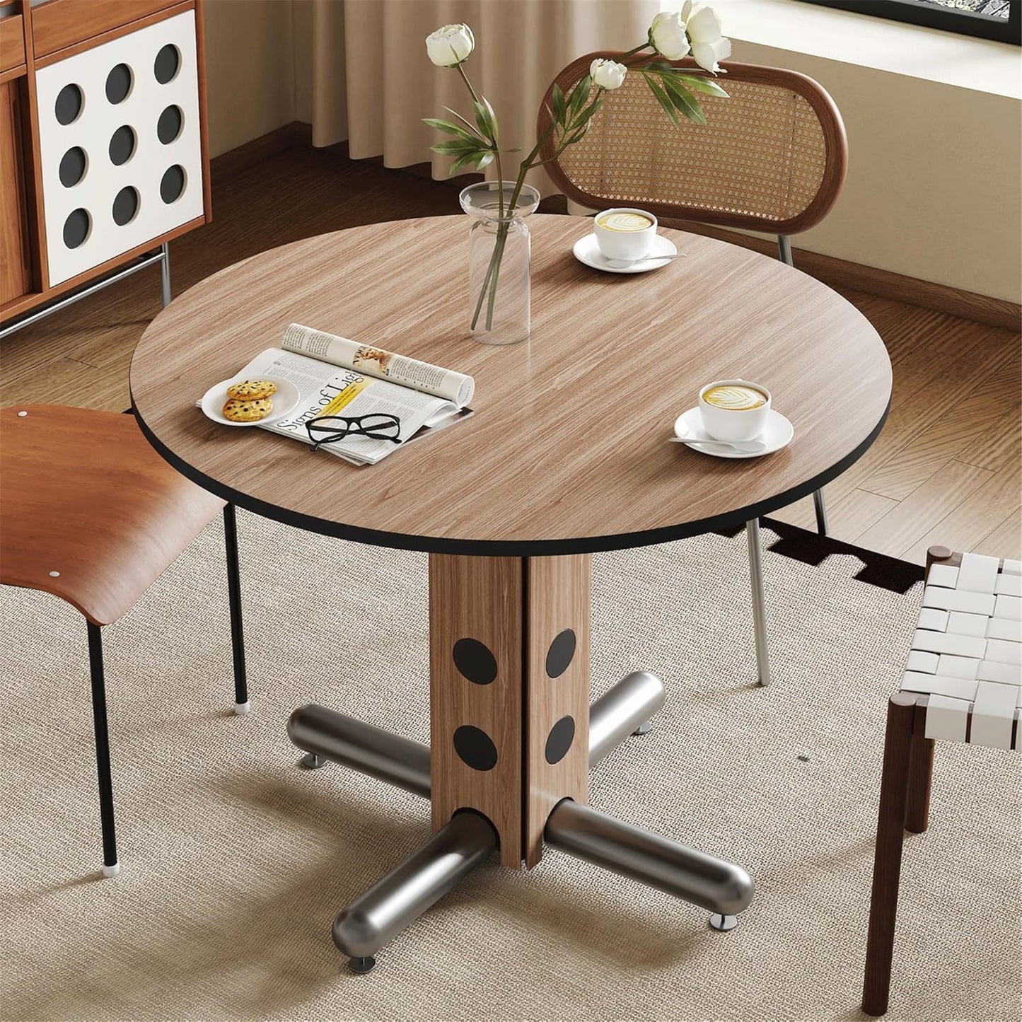39.76" Round Table Top Wood - Walnut & Black Double Sided, Outdoor Dining Replacement for Restaurants, Cafes, Bars