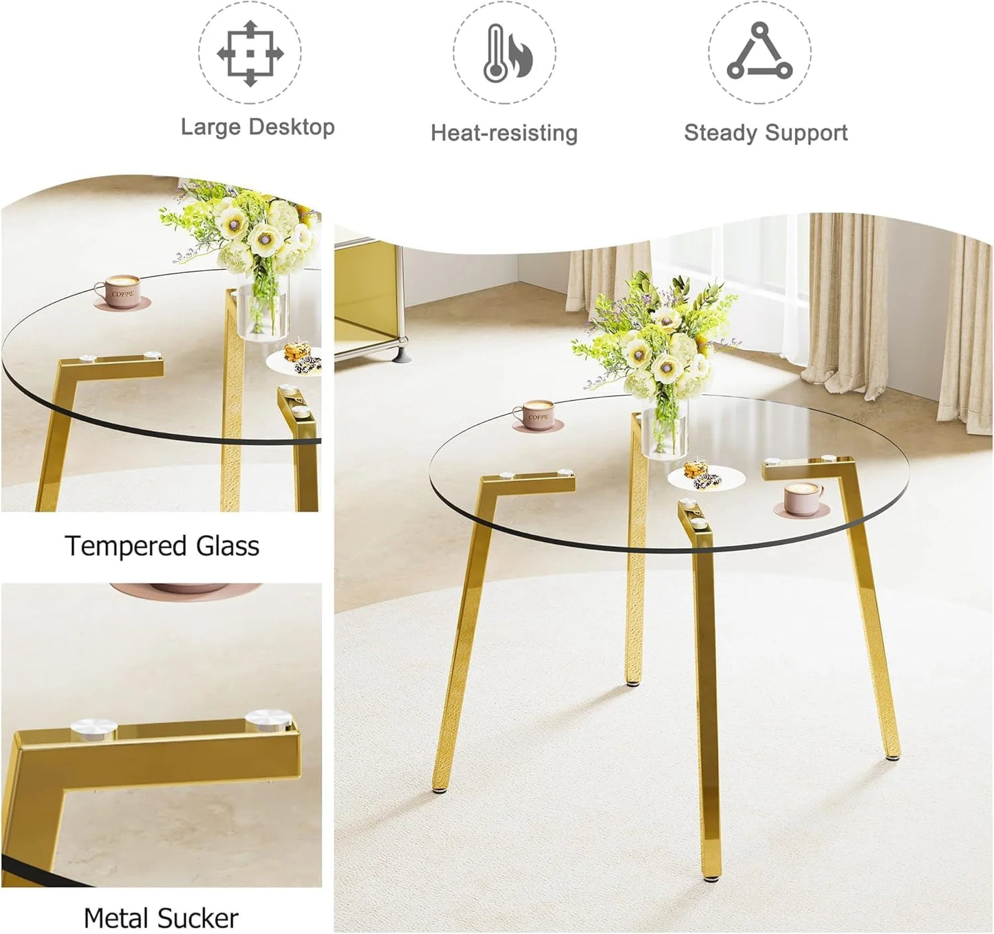 5 Pieces Dining Table Set,Glass Dining Table with 4 Crystal Plastic Dining Chairs, Modern Table and Chairs for Dining Room and Kitchen (Golden)
