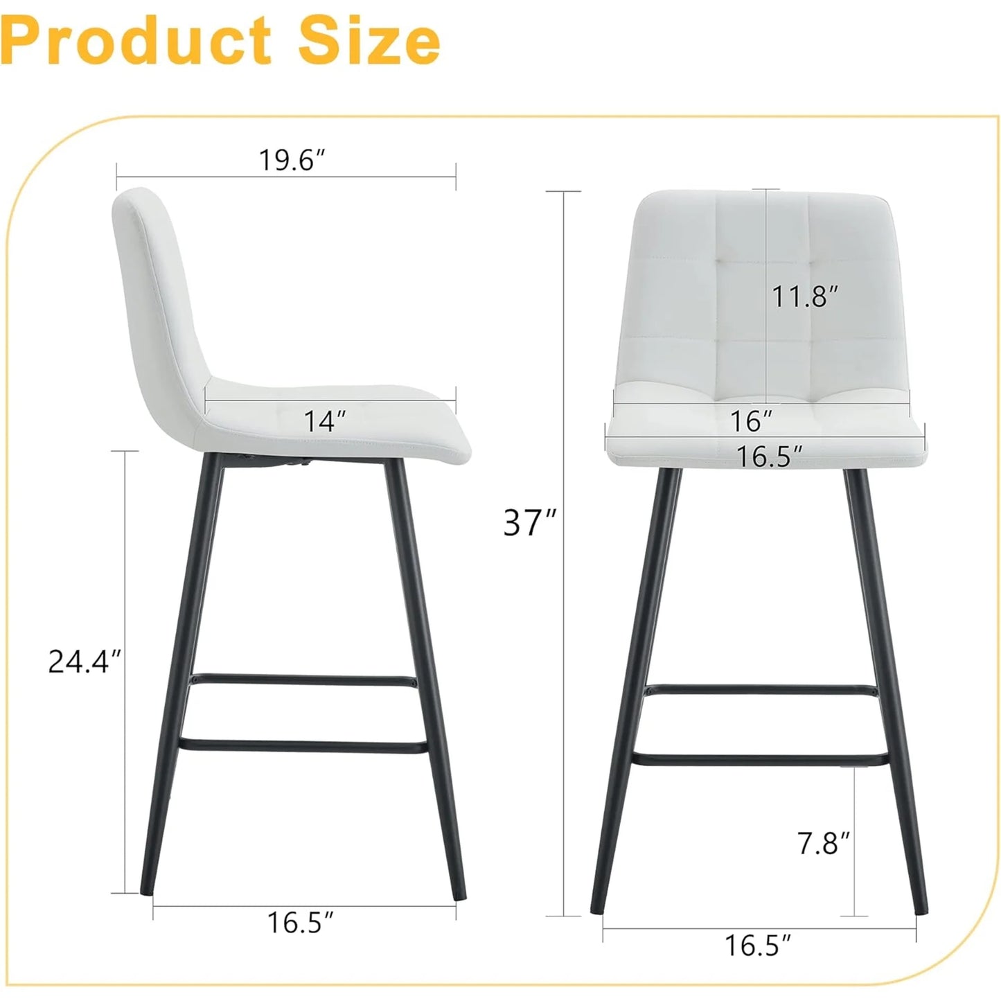 SUDICA 24.4" Counter Height Bar Stools, White PU Leather, Metal Legs, Set of 2