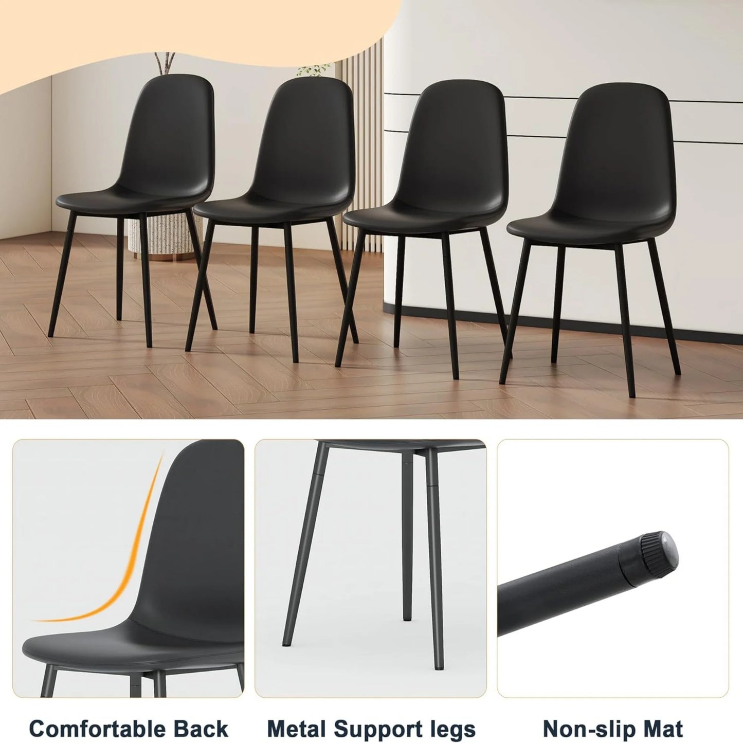 SUDICA Modern Black Dining Chairs Set of 4 PU Upholstered Side Chairs Kitchen