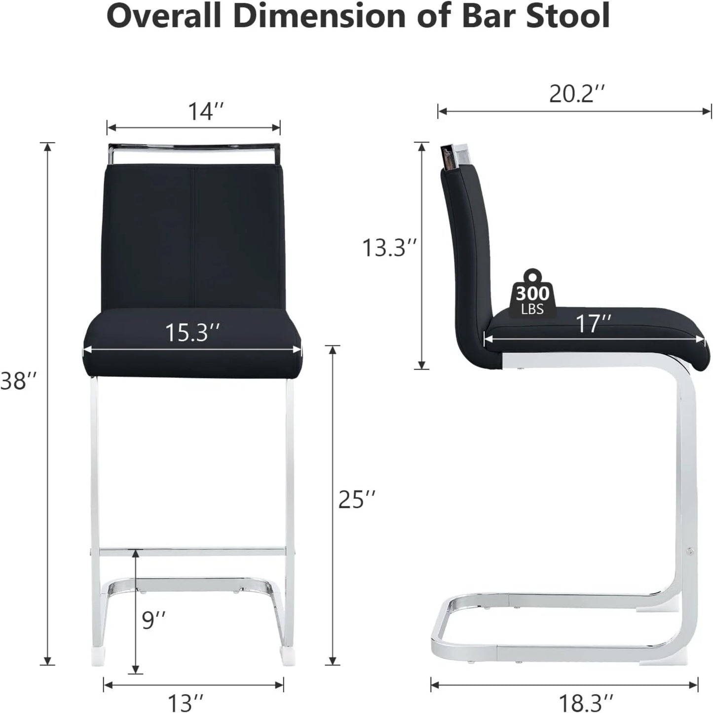 SUDICA Modern PU Leather Barstools and Upholstered with Metal Legs - Set of 2, Black