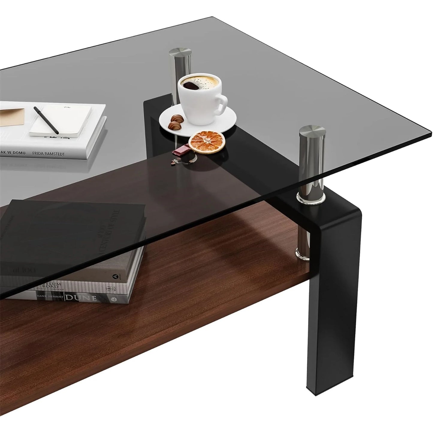 Glass Coffee Table Rectangle Living Room Center Table with Storage, Clear Tempered Glass Tabletop and Smoke Grey Leg,for Living Room and Office (Clear Smoke),Gray brown