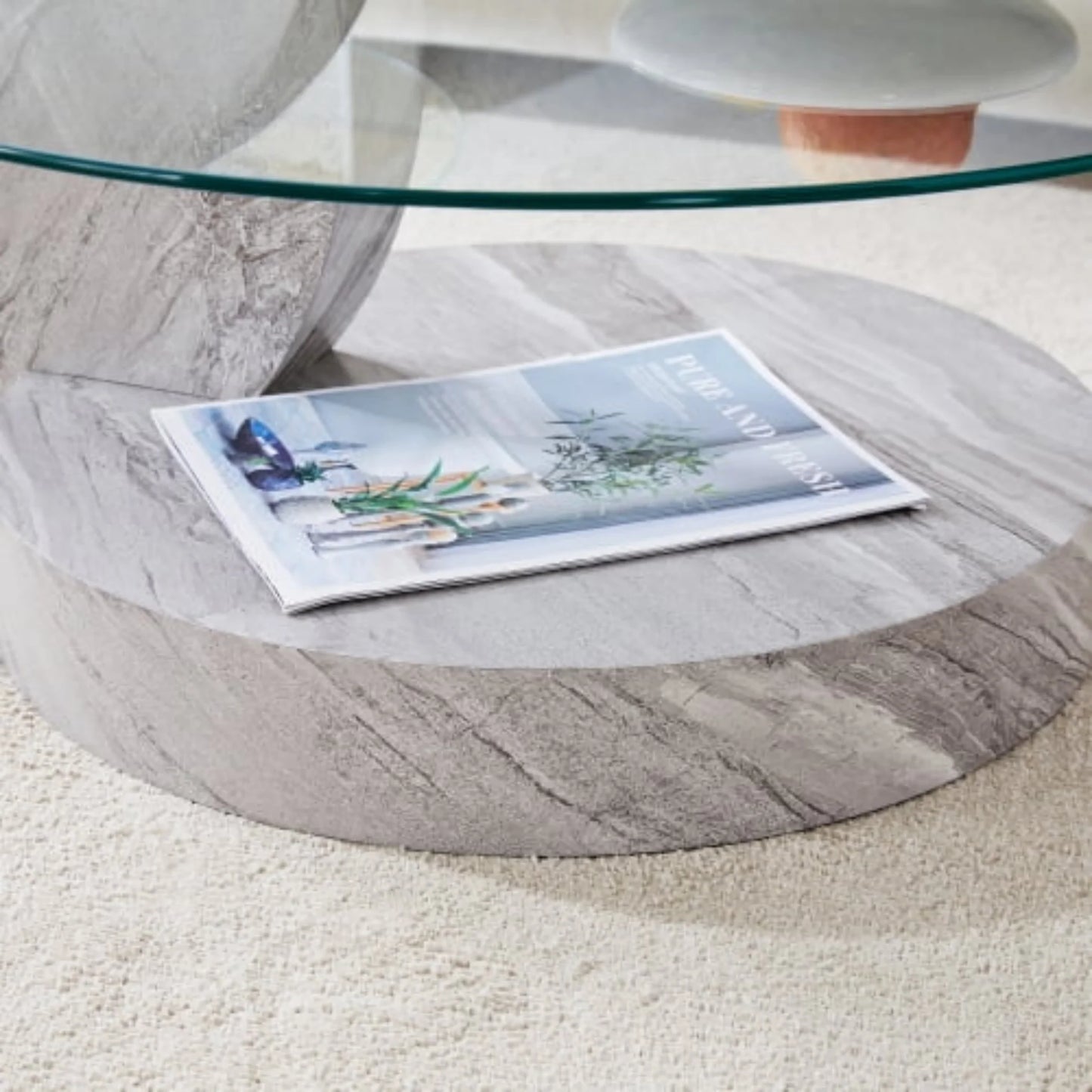 Sudica Modern Double-Layer Round Glass Coffee Table, 35.4" Center Table with Light Grey Faux Marble Base, Tempered Glass Top for Living Room