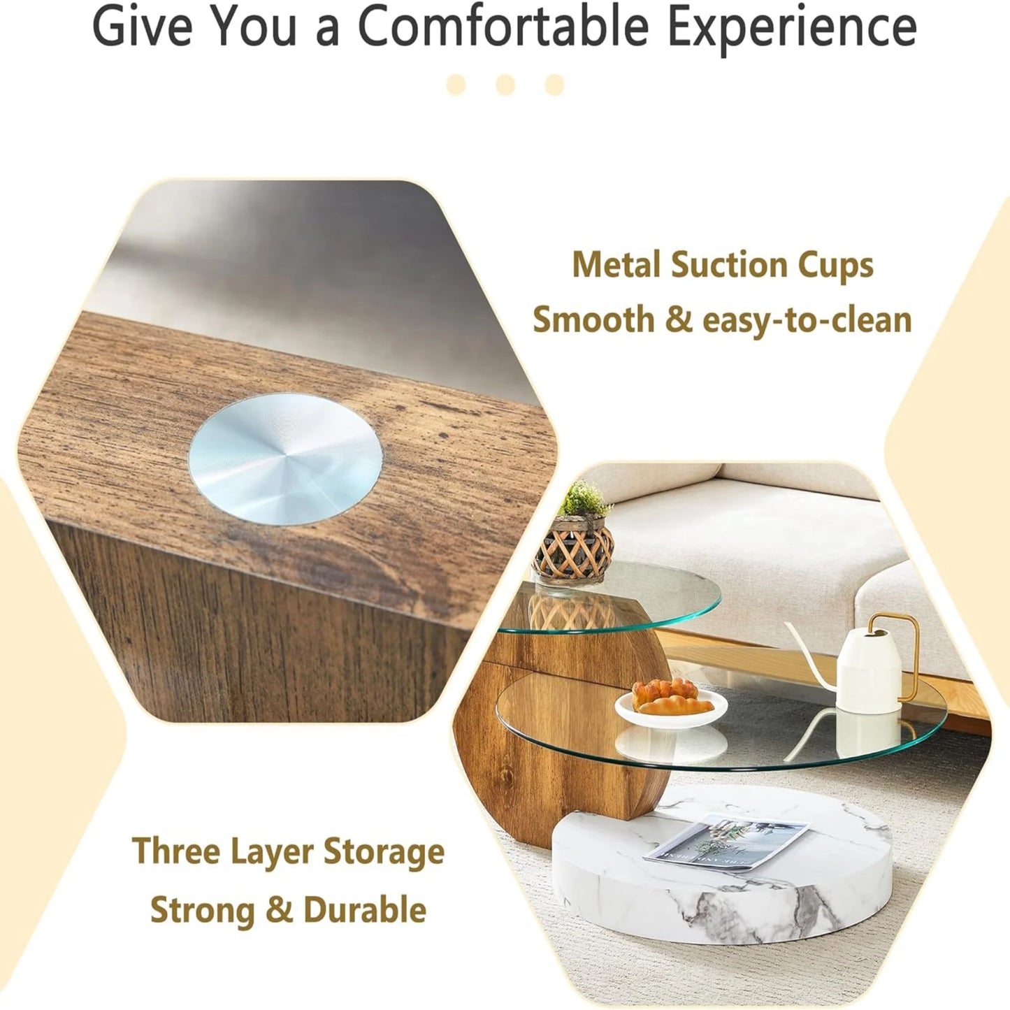 Sudica Modern Round Glass Coffee Table with Dark Wood and White Marble Base