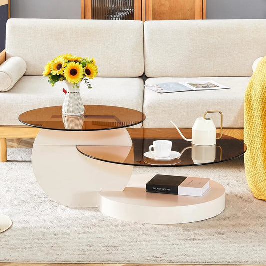 Sudica Modern Coffee Table with Double-layer Round Glass Tabletop 42" Tea Table with Brown Glass and White Faux Marble Patterned Base,Center Table for Living Room