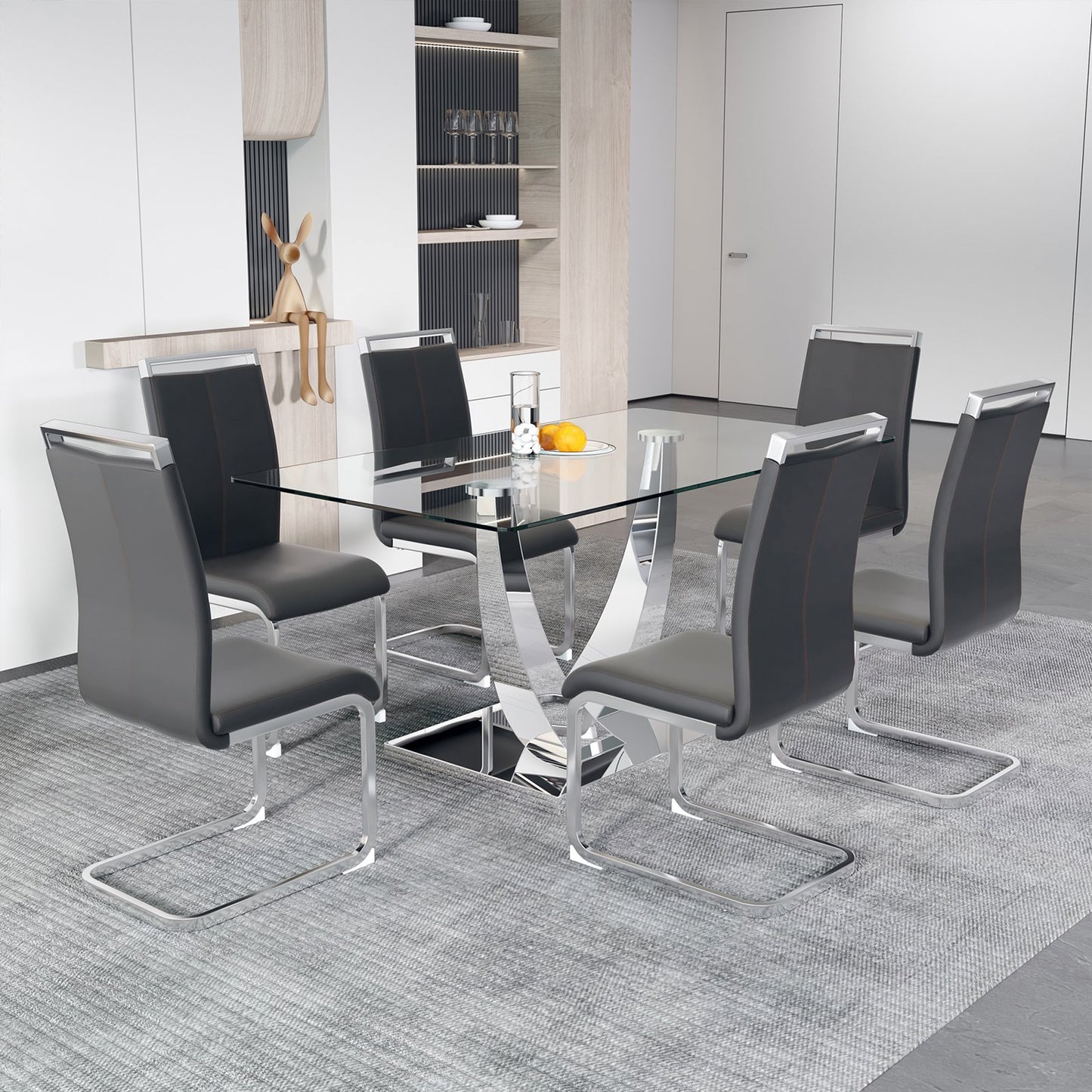 Glass Dining Room Table Set for 6, Sudica 63"Modern Kitchen Glass Dinner Table Set with 6 Upholstered Dining Chairs, Gray