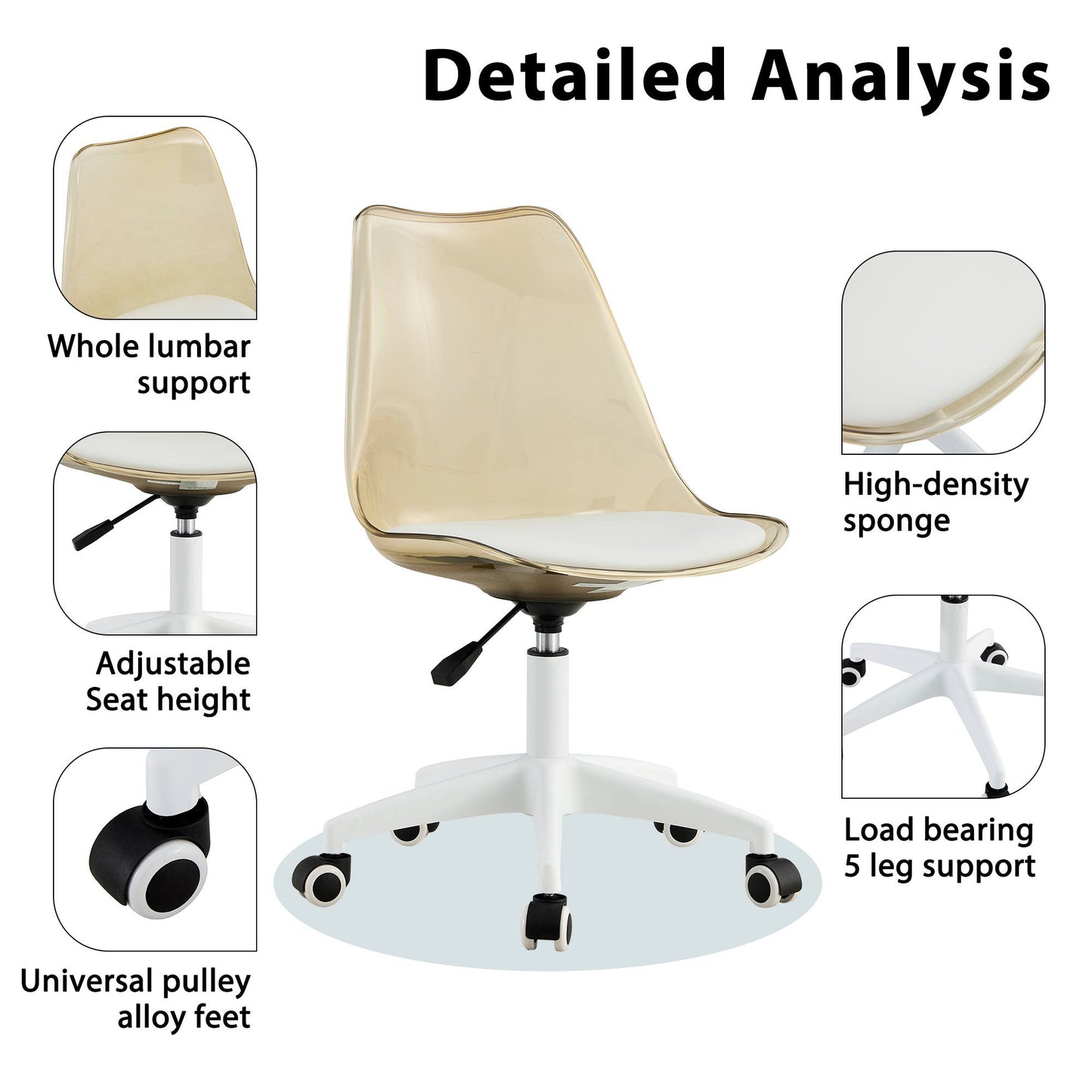 Sudica Acrylic Office Chair with PU Padded Seat Clear Rolling Desk Chair for Bedroom, Brown