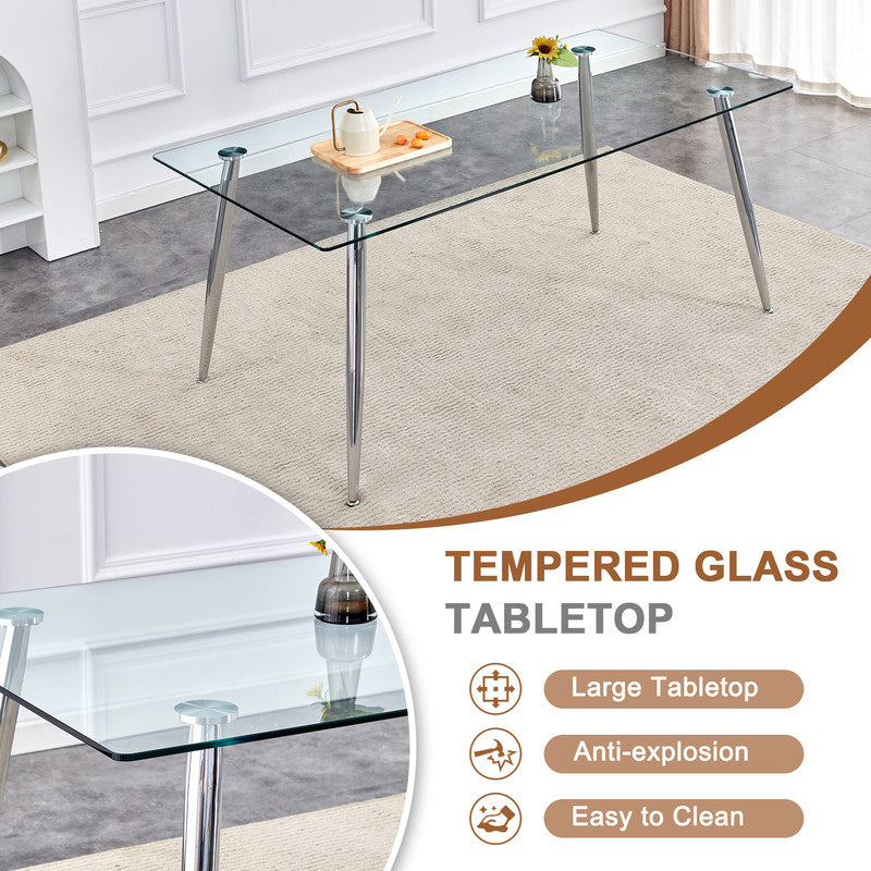 Tempered Glass Dining Table for 6, Sudica 71 inch Modern Rectangular Glass Kitchen Table with 4 Silver Plating Metal Legs