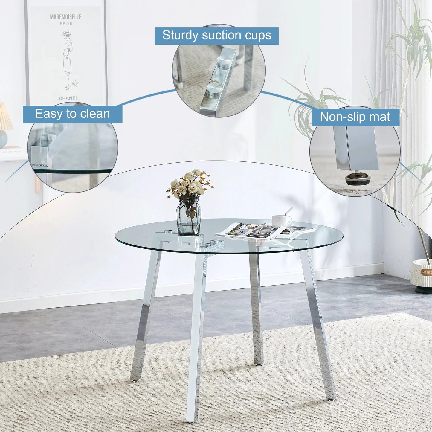 Sudica 42"Round Dining Table. Modern Minimalist Kitchen Table Glass with Metal Legs, for Kitchen, Dining Room, Silver