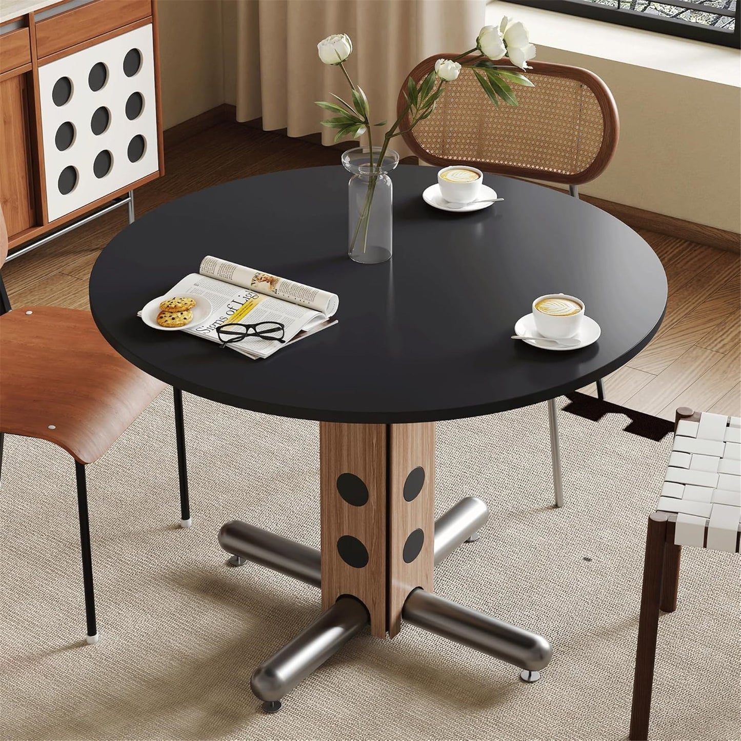 42.13" Round Table Top Wood - Walnut & Black Double Sided, Outdoor Dining Replacement for Restaurants, Cafes, Bars