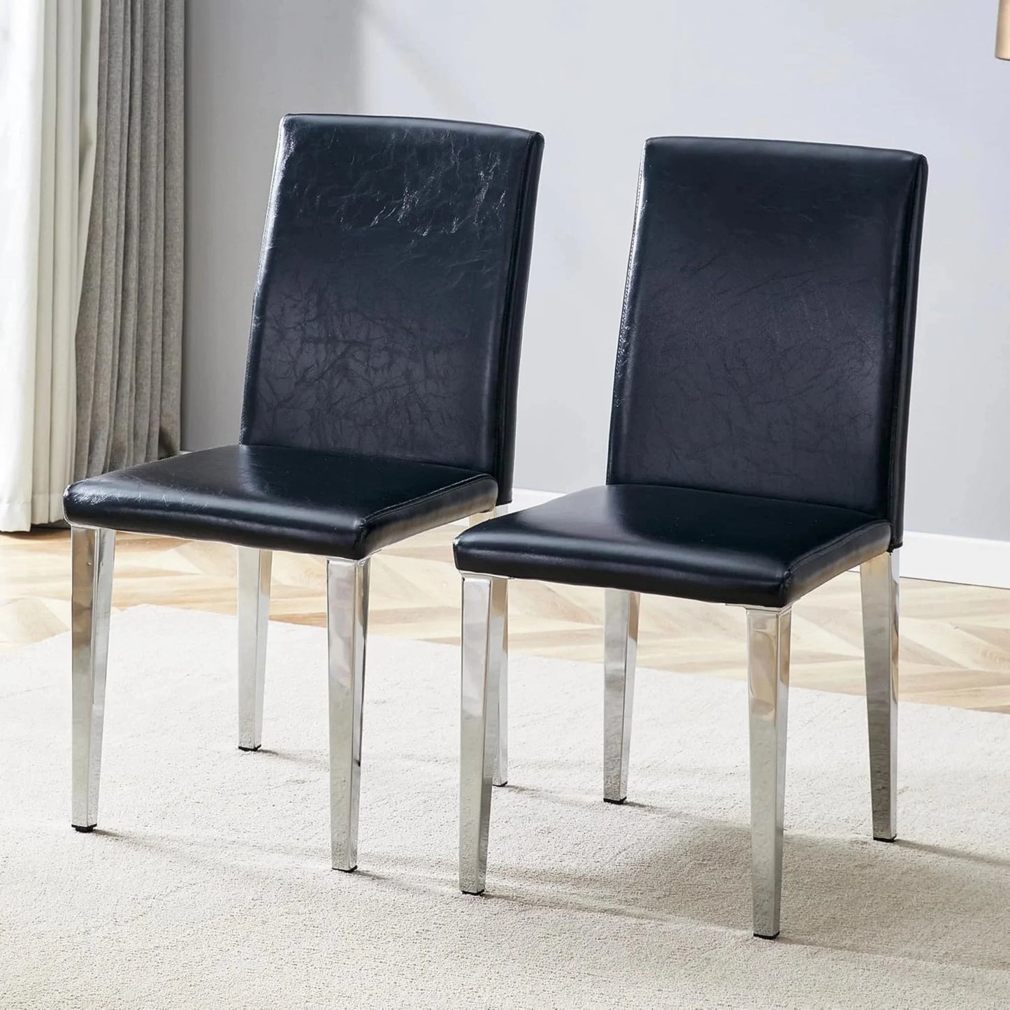 SUDICA Black Faux Leather Dining Chairs Set of 2, Silver Metal Legs for Kitchen or Dining Room