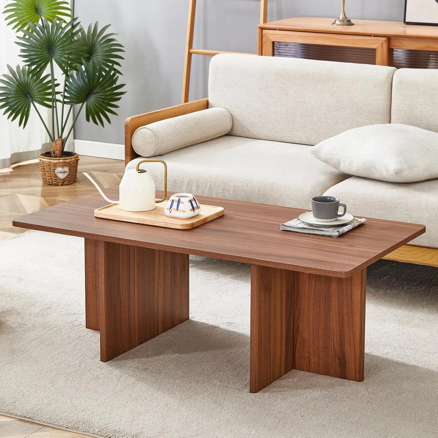 Sudica 44.8” Walnut Color Rectangle MDF Coffee Table,Wood Coffee Table with Stable Triangular Support for Living Room/Bedroom
