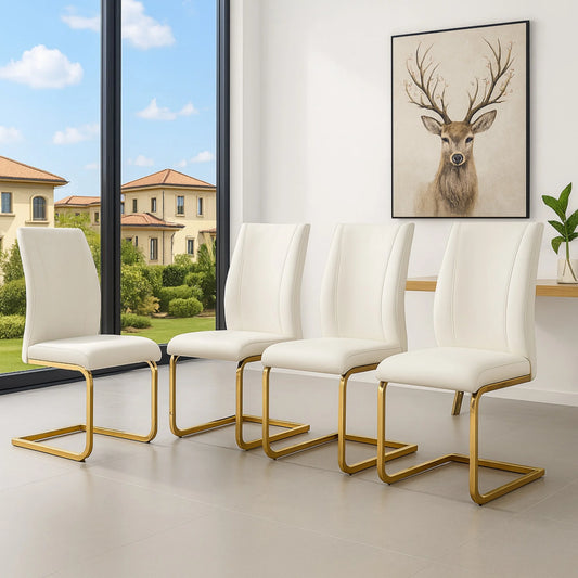 SUDICA Dining Chairs Set of 4, White PU Leather High Back Armless with Gold Legs