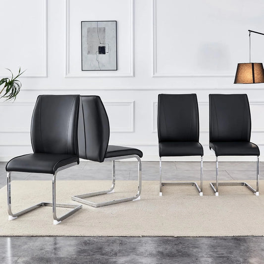 SUDICA Dining Room Chairs, Black Faux Leather High Back, Chrome Metal Legs, Set of 4