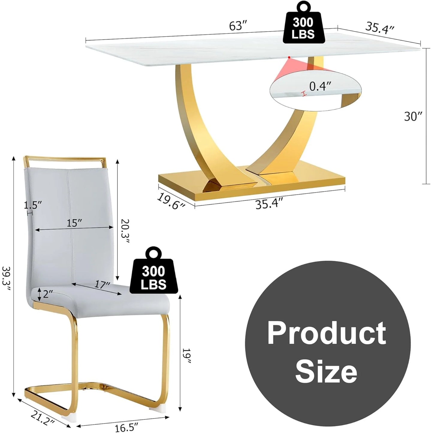 White and Gold Dining Table Set for 4, Faux Marble Dining Room Table Set for 4,63'' Rectangular Tempered Glass Top Kitchen Table Set and 4 Chairs for Dining Room Kitchen