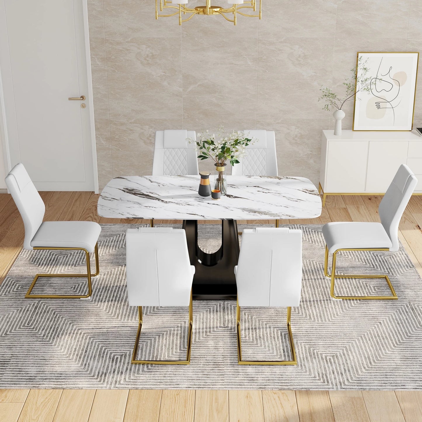 SUDICA 7 Piece Modern Dining Table Set, Faux Marble MDF Table, Stain Resistant White Chairs