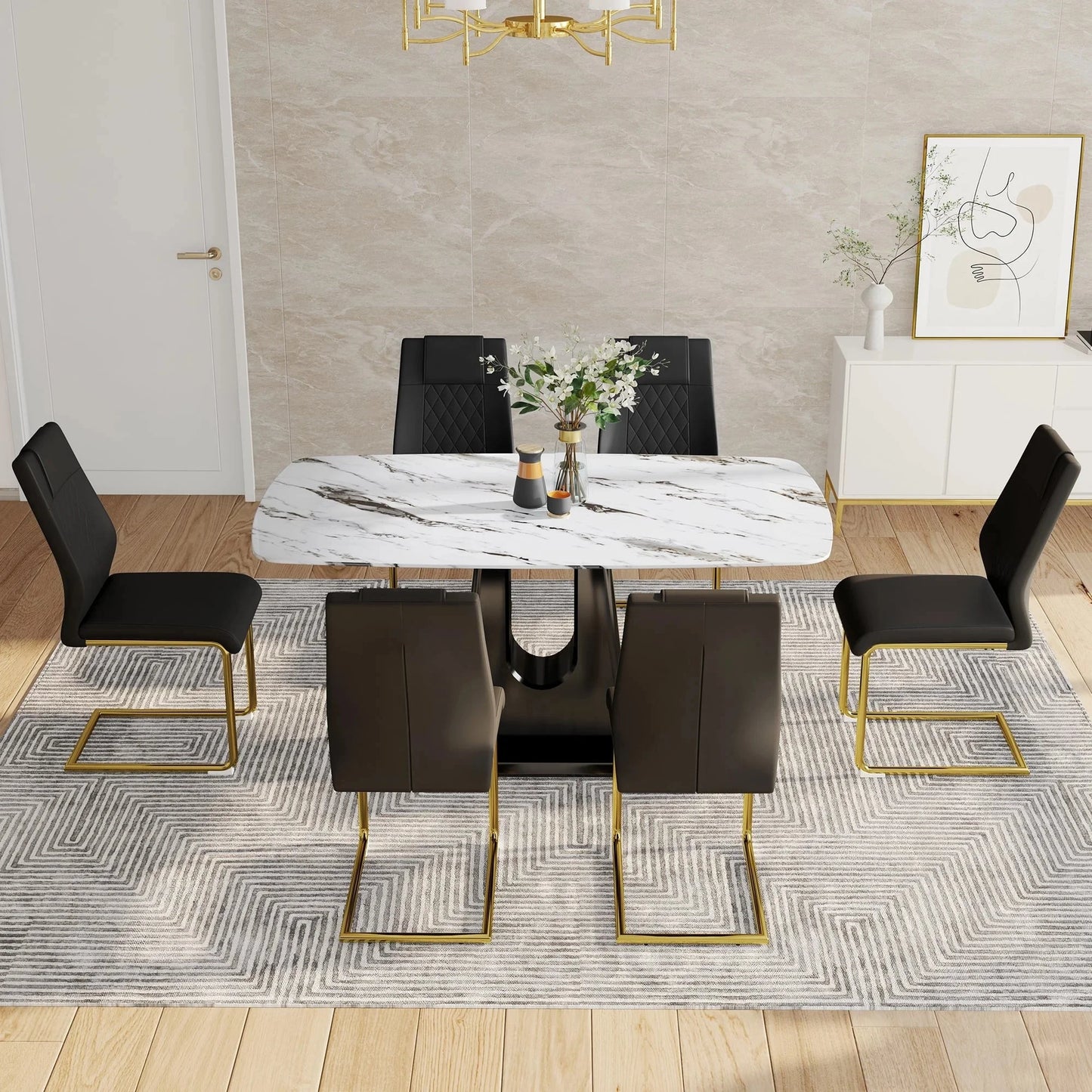 SUDICA 7 Piece Modern Dining Table Set, Faux Marble Top, Black