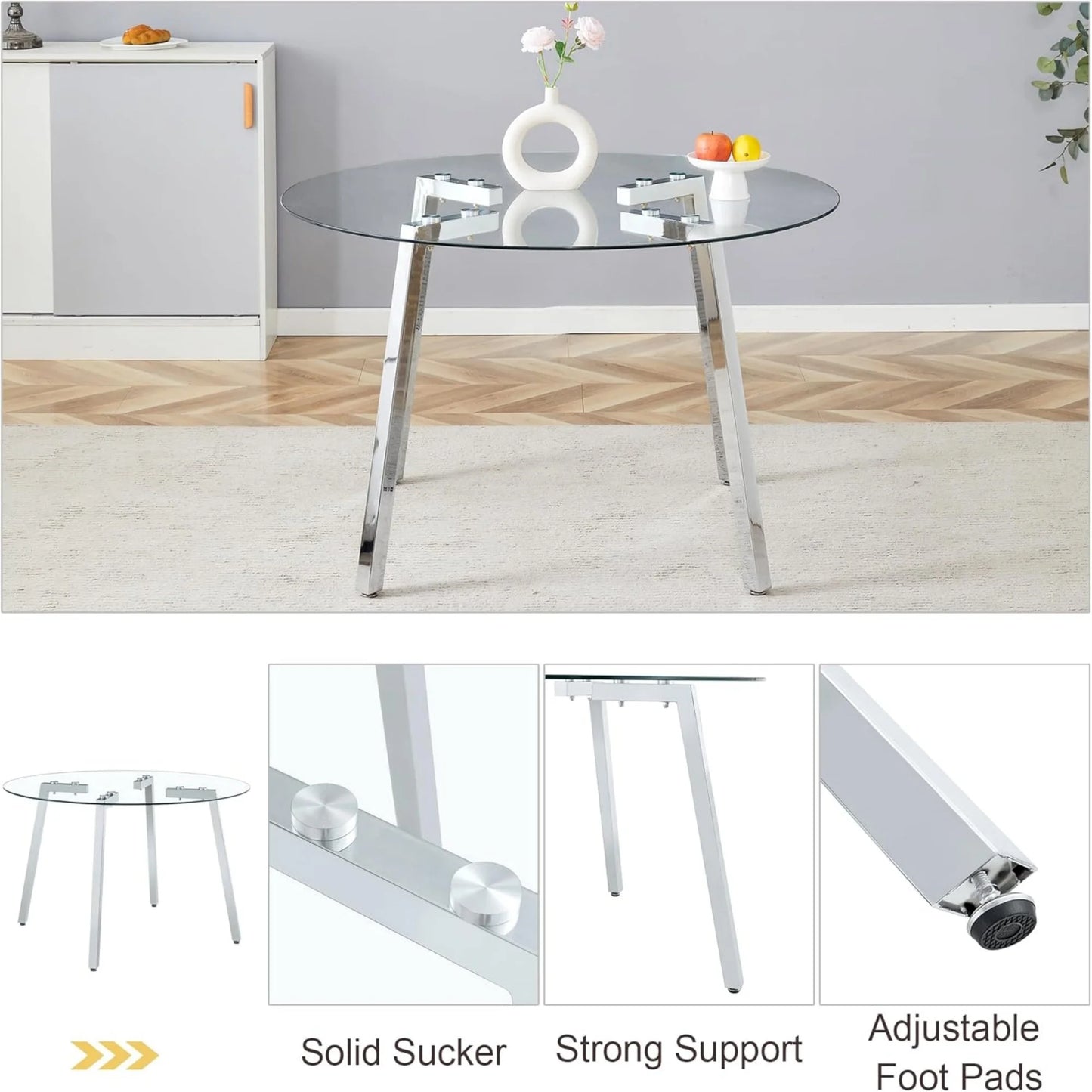 Sudica 47.3"Round Dining Table. Modern Minimalist Kitchen Table Glass with Metal Legs, for Kitchen, Dining Room, Silver