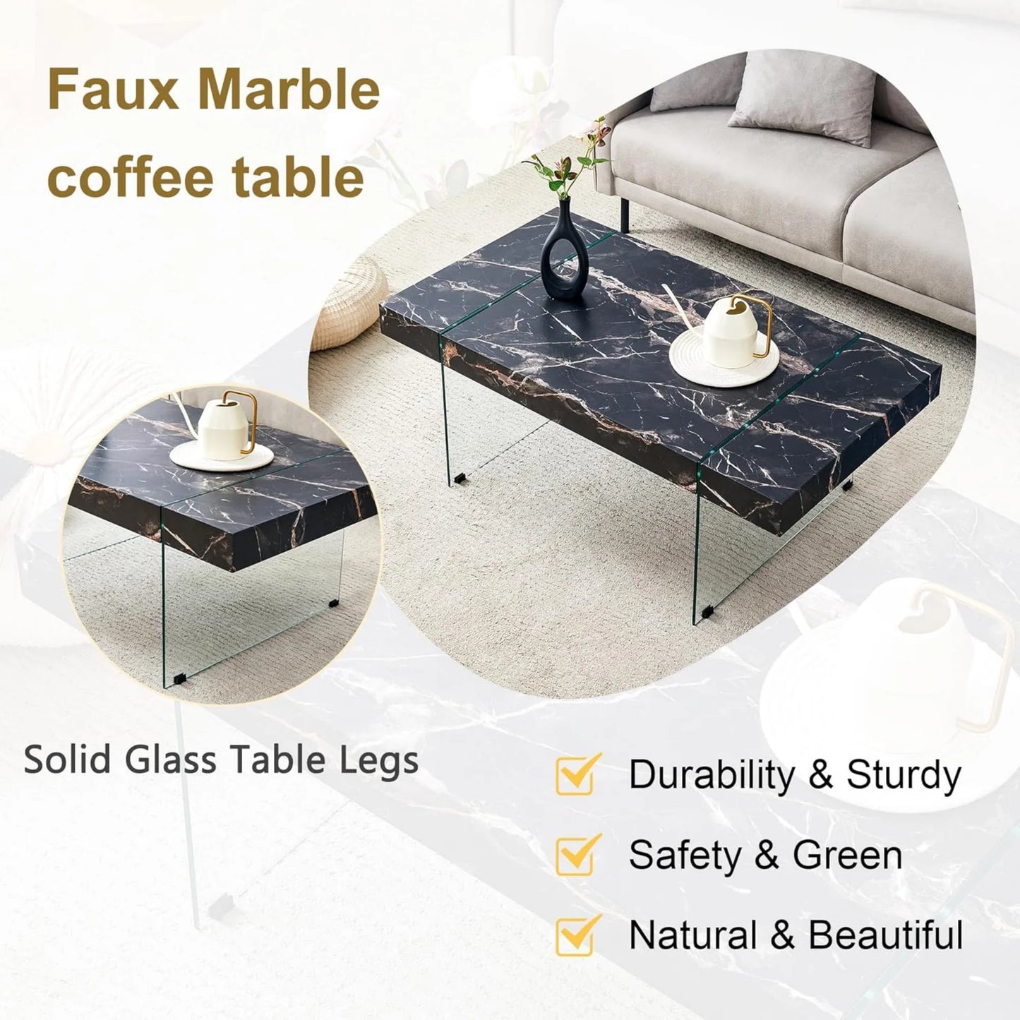 Sudica Black Marble Pattern MDF Coffee Table with Tempered Glass Legs for Living Room. Can Be Used As Coffee and Side Tables/Display Stand.(43.3"X23.6")