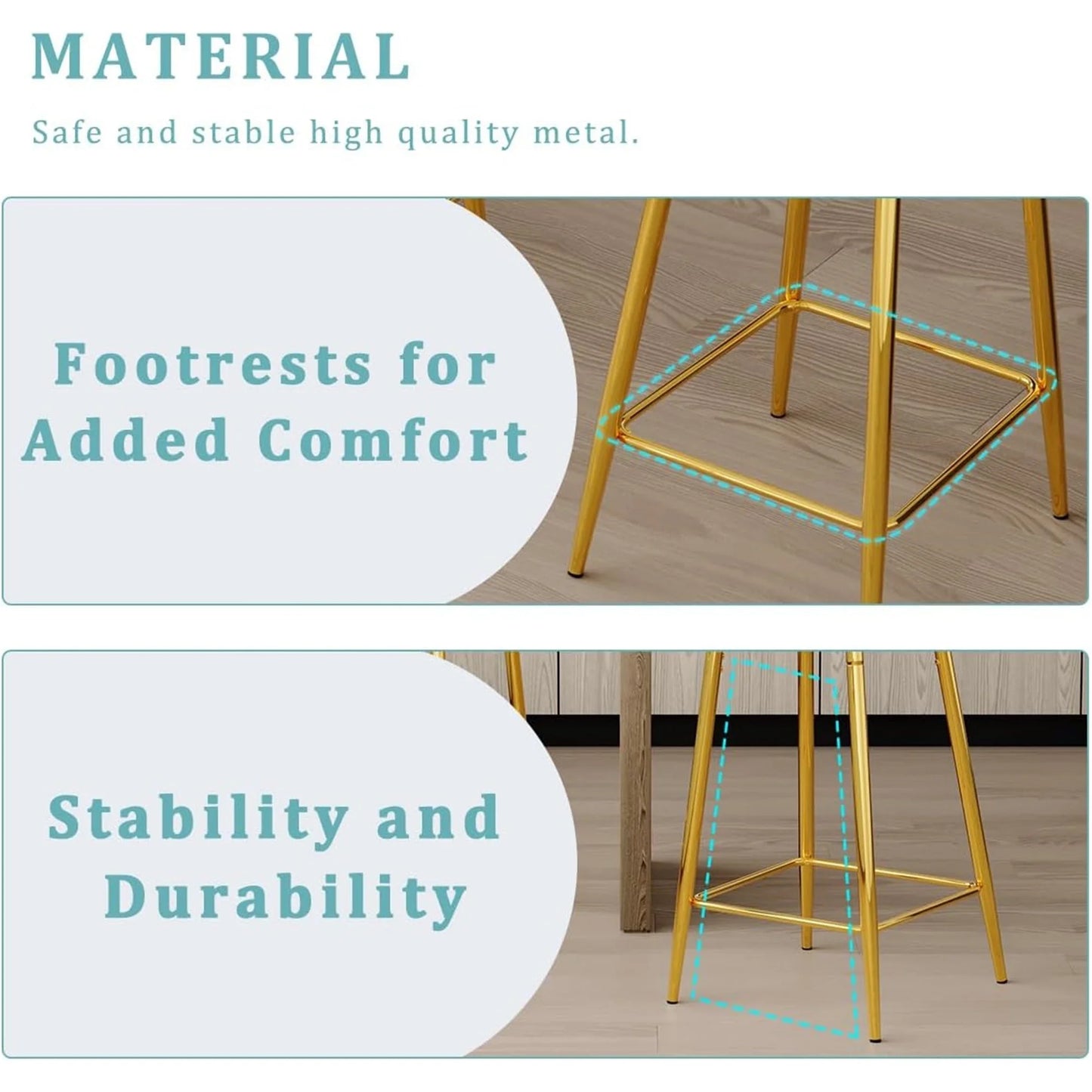 SUDICA Kitchen Island Bar Stools, Counter Height Set Of 2, Transparent PET Seats, Gold Legs, Indoor